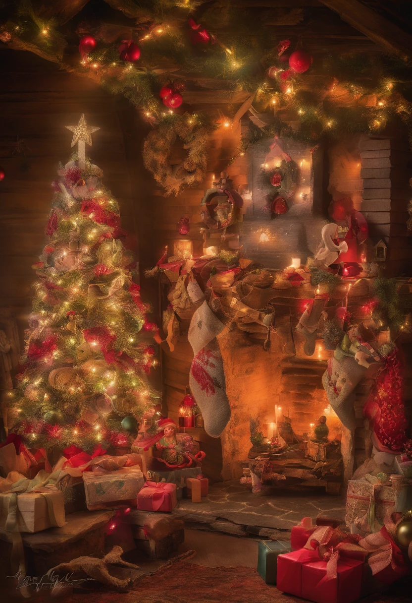 Craft a Christmas Greeting Card with a dreamy and fantastical scene, abundant with gift boxes, an old sewing machine placed either on the left or right side, and prominently featuring Stricken, Crochet & Sew (Knitting, Crocheting, and Sewing).

[Front of the Christmas Greeting Card]

[Image: A dreamy, fantasy-inspired scene]

In a world where dreams come to life, an enchanting tableau unfolds in front of a crackling fireplace. This magical setting is filled with an abundance of beautifully wrapped gift boxes, each adorned with otherworldly patterns and colors that glisten like stardust. These gift boxes create an atmosphere of wonder and anticipation.

Wool and colorful yarn cascade like a gentle waterfall, weaving an intricate tapestry of enchantment that envelops the room. The room is filled with the soft, comforting glow of fairy lights, creating a dreamy atmosphere where holiday wishes take flight.

Hanging from the ceiling and adorning the fireplace mantel, garlands woven with enchanted baubles and elven bells, alongside an old sewing machine, add an extra layer of magic to the setting, making this Christmas a truly wondrous and dreamy adventure.

[Your Heartfelt Christmas Greeting Here]

Please ensure the tone remains warm, inviting, and filled with the magic of dreams, Stricken, Crochet & Sew. Thank you for creating this fantastical scene