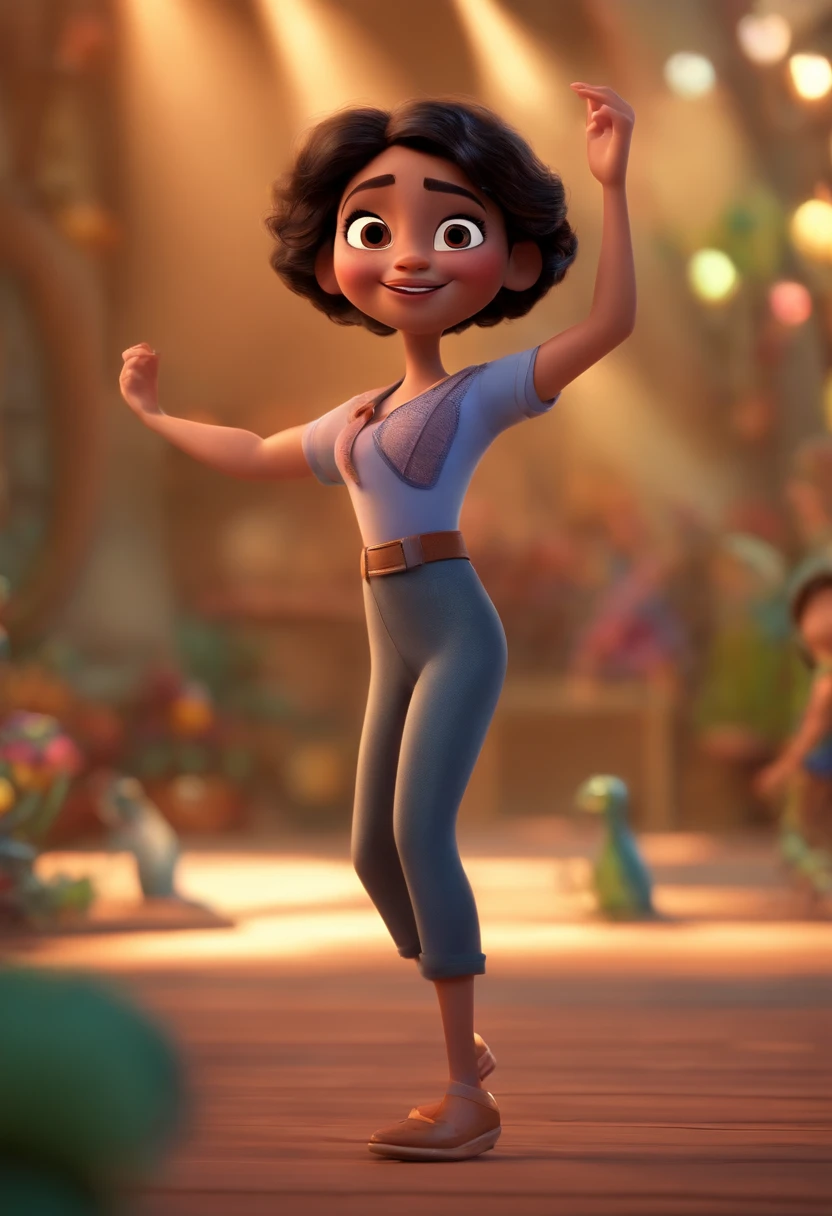 Pixar style image with 3D character glasses black brunette woman short straight hair dancing, Maquiagem Disney,Pescador, bonitinho, sorridente ,Close-up, Pixar, Disney, Cinema lighting,