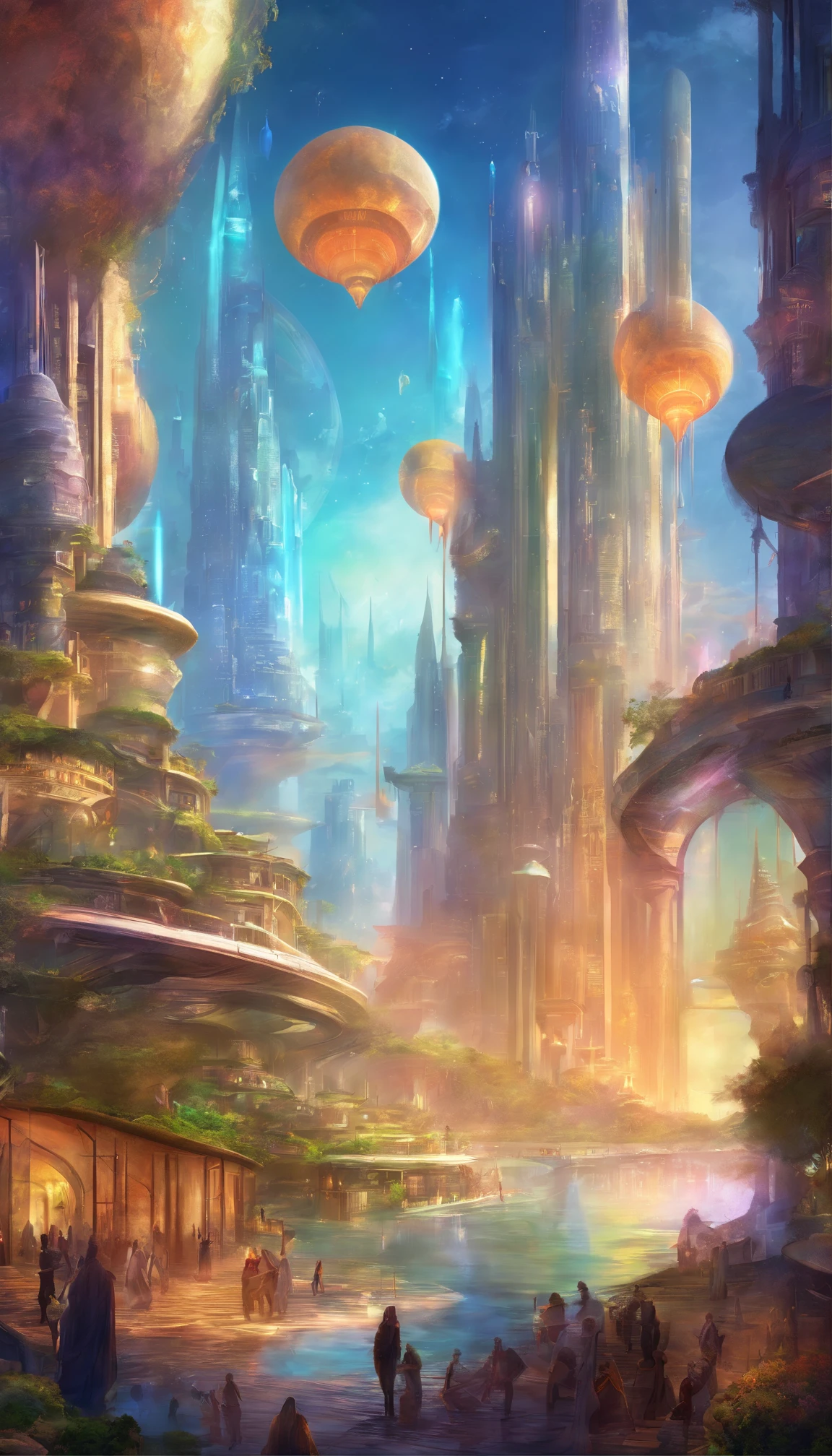 (utopian future city, futuristic cityscape, shimmering vibrant colors, prosperous buildings, luxurious fashion and architectural designs, lavish structures, utopian future, extremely detailed HDR, flawless, stunning progressive architecture, perfect world, reflective surfaces, underground scattering, immaculate structures, beyond imagination, 8K, global illumination, wide-angle, divine rays, dream world)