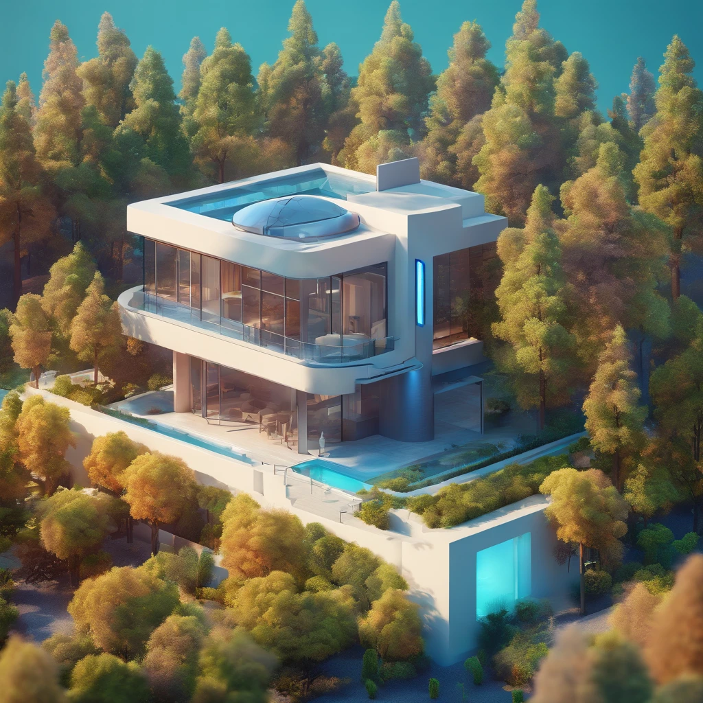 miniature isometric of futuristic house surrounding with trees, 3D rendering, on blue background 00 --s 2