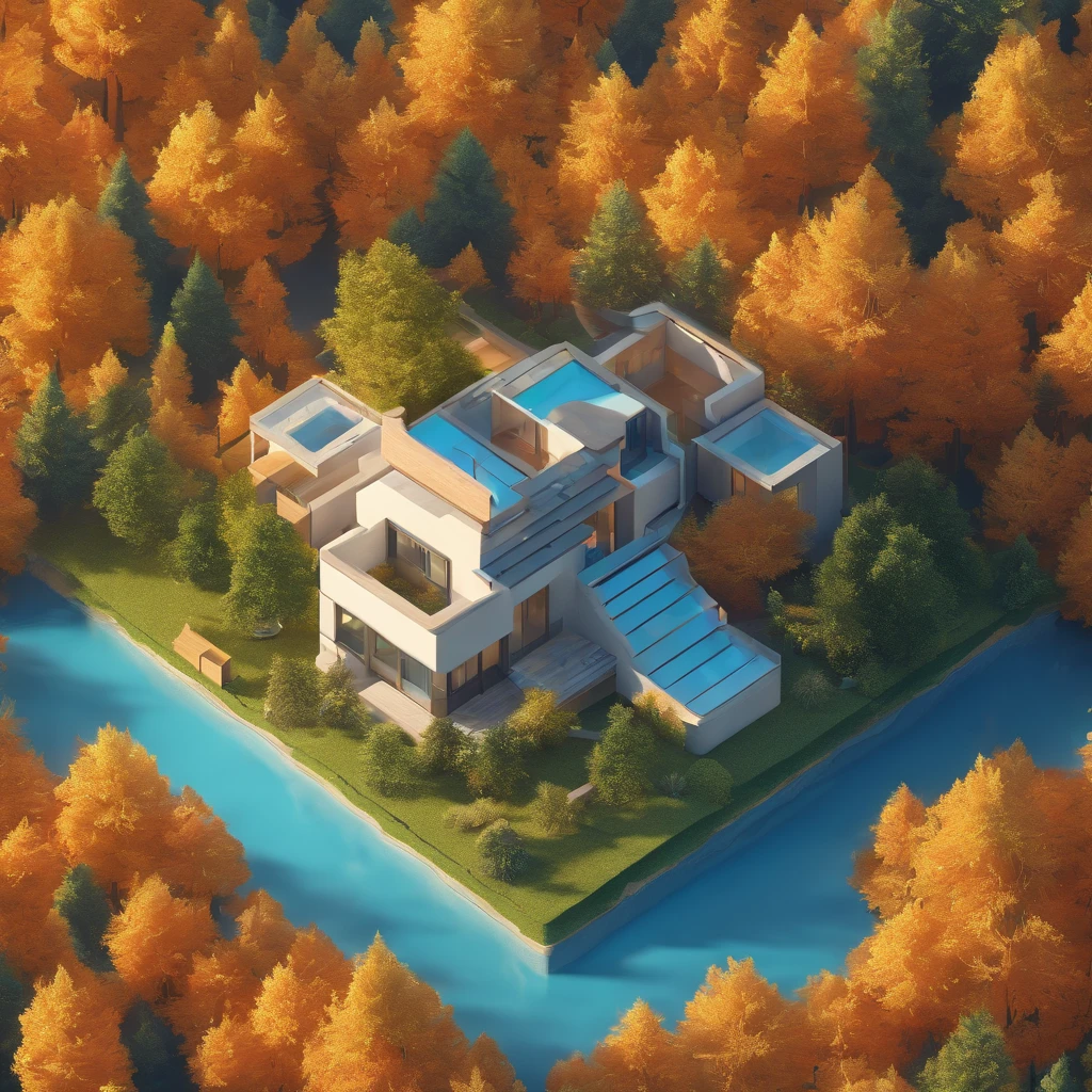 miniature isometric of futuristic house surrounding with trees, 3D rendering, on blue background 00 --s 2
