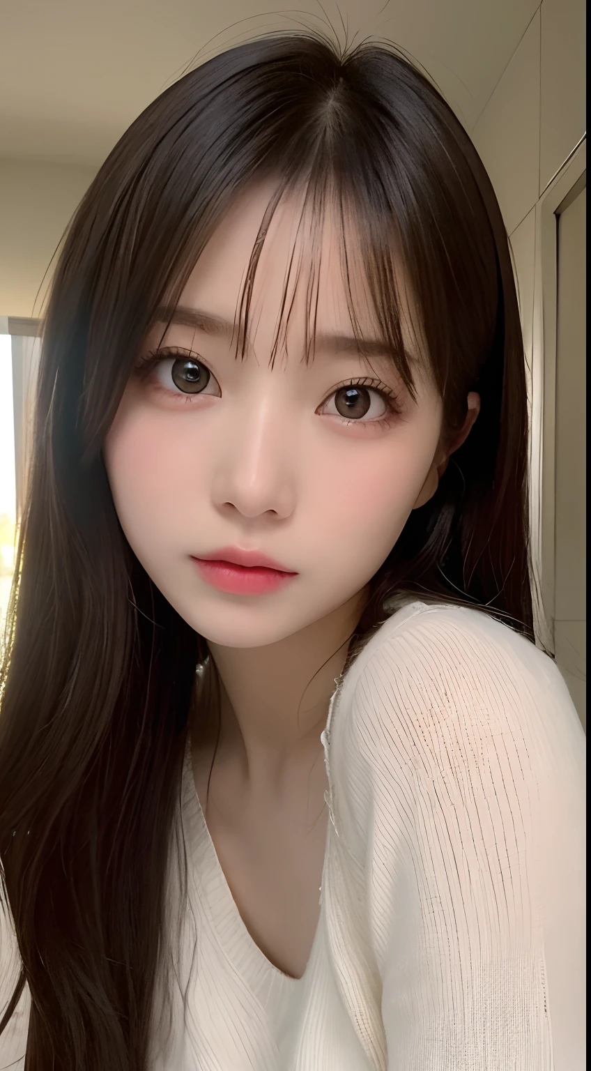 Photorealistic, masutepiece, Best Quality, Raw photo, selfee、1girl in, Solo, Long hair, Brown hair, Detailed face, alluring face, White button-up shirt, medium breasts, Dynamic Pose, Looking at Viewer, From below, Detailed background, fine detailed, intricate detailes,  Ray tracing, depth of fields, lowkey, nffsw