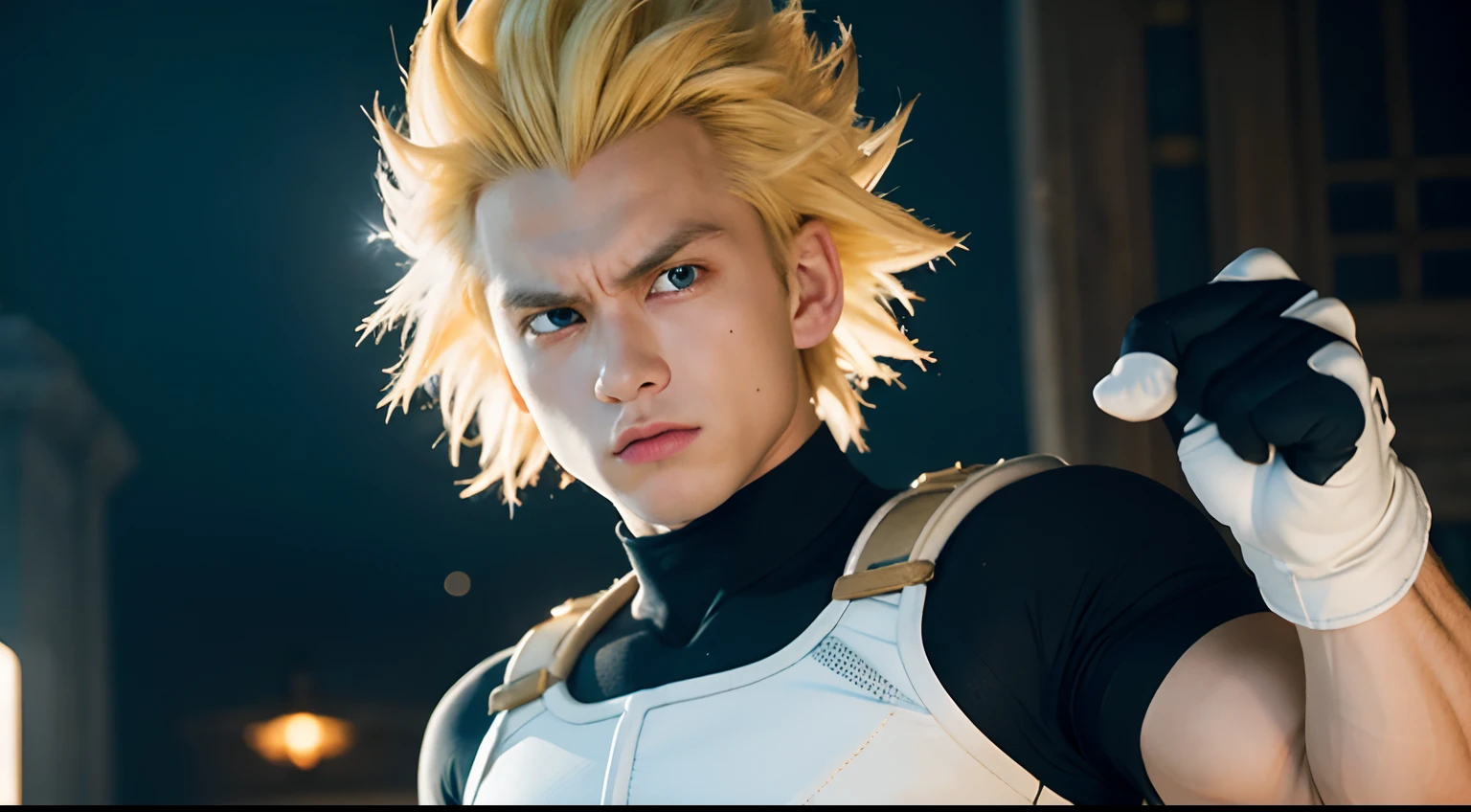 (masterpiece, best quality: 1.2), solo, male focus, 1boy, vegeta, furious, fighting pose, bruised, looking at the viewer, blonde hair spiked, black eyes, armor, white gloves, realistic