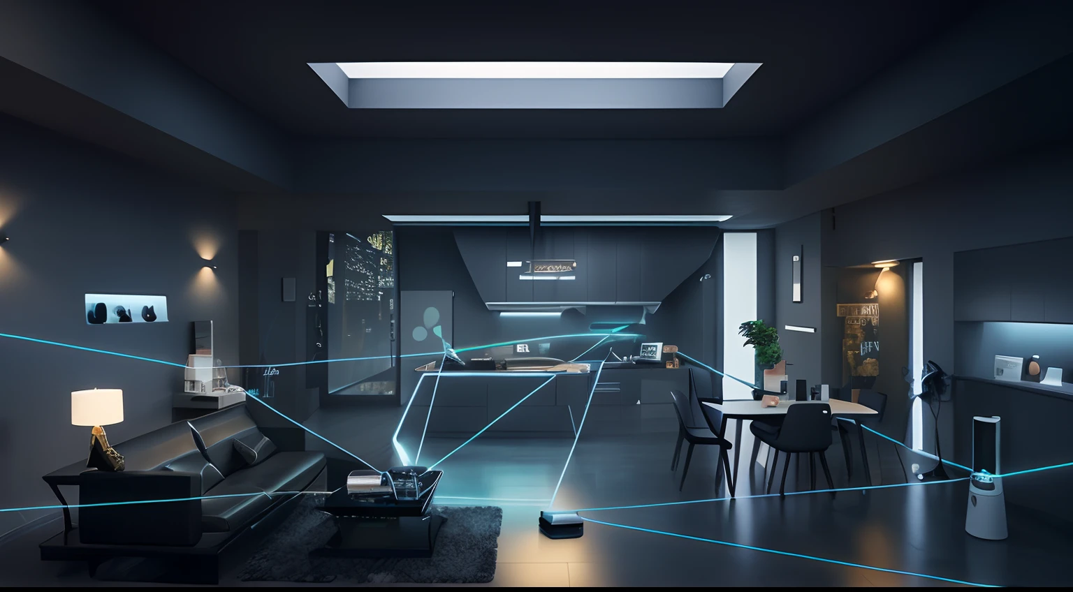 There is a room with a sofa and a table with a lamp, in a dark futuristic room, cyberpunk apartment, cyberpunk apartment, cyberpunk interior, gaming room in 2 0 4 0, with everything in its place, futuristic interior, Cyberpunk IKEA, Futuristic setting, Futuristic room, archviz, otzi, 8k cleaning future, 8 k cleaning future, author:Kurt Roesch