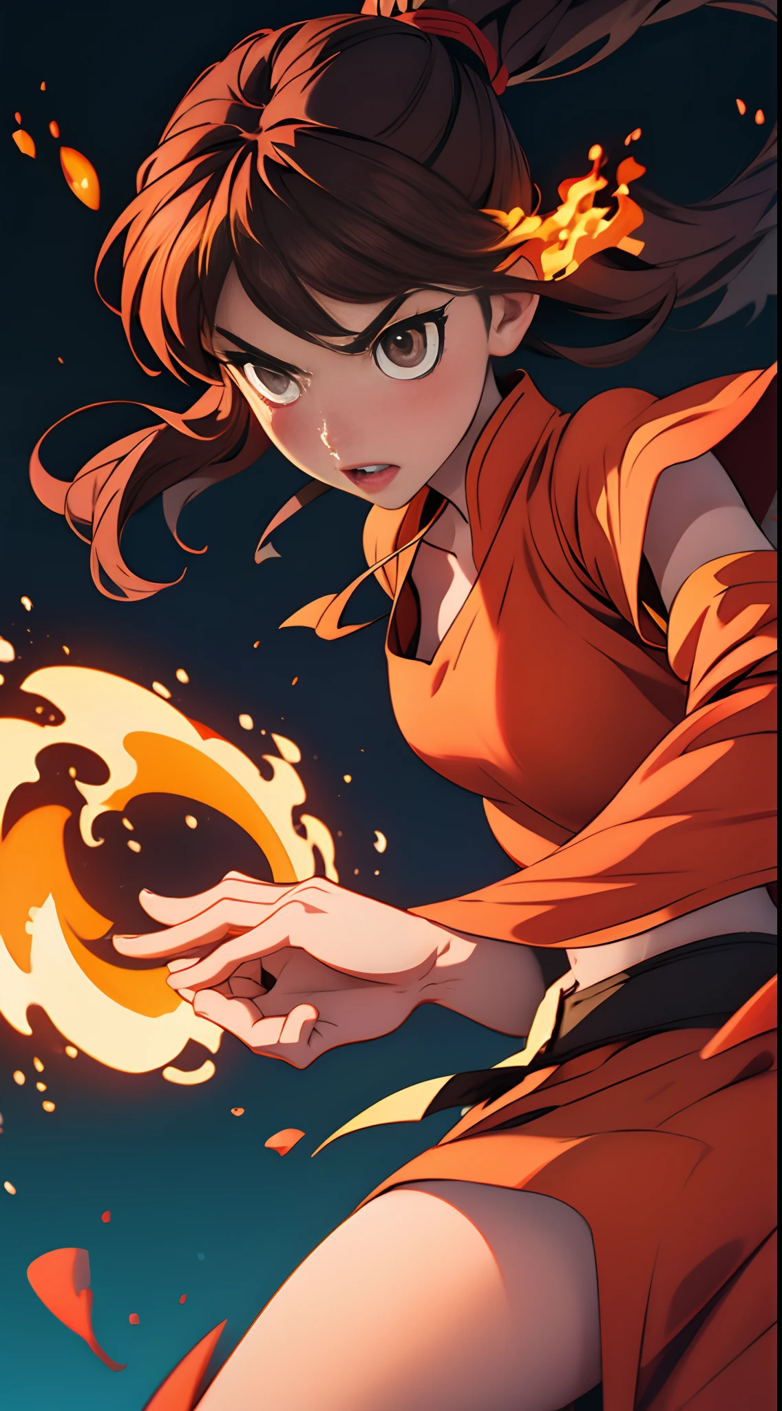 Beautiful, long brown hair, hazel eyes, fierce, fire bender, animated