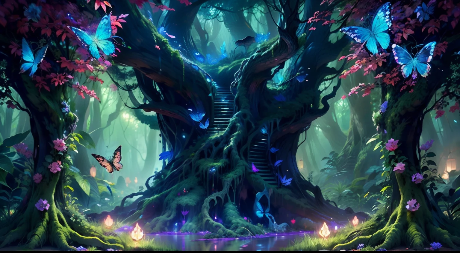 (Best Quality,4K,8K,hight resolution,masutepiece:1.2),Ultra-detailed,(Realistic,Photorealistic,Photorealsitic:1.37),Fantasy Jungle,floating jellyfishes,Blue leaves,Pink butterfly,firefly,Glowing mushrooms,Strange-looking trees,Black vine,Strange-looking flowers,Colorful flowers and trees,artistic rendering,Ethereal Atmosphere,Vibrant colors,Dappled sunlight,rich greenery,Majestic crown,Mysterious Shadow,Unexplored path,Hidden creatures,Enchanting foliage,Whispering leaves,Surreal plants,Gentle rustling,Illuminated petals,Dreamy glow,Mesmerizing luminescence,Sparkling fireflies,sparkling stars,
mystic atmosphere,Intricate details,Airy、Magical,ethereal beauty,Peaceful tranquility,An oasis off the beaten path,Enchanting Escape,Enigmatic depths,Eerie Tranquility