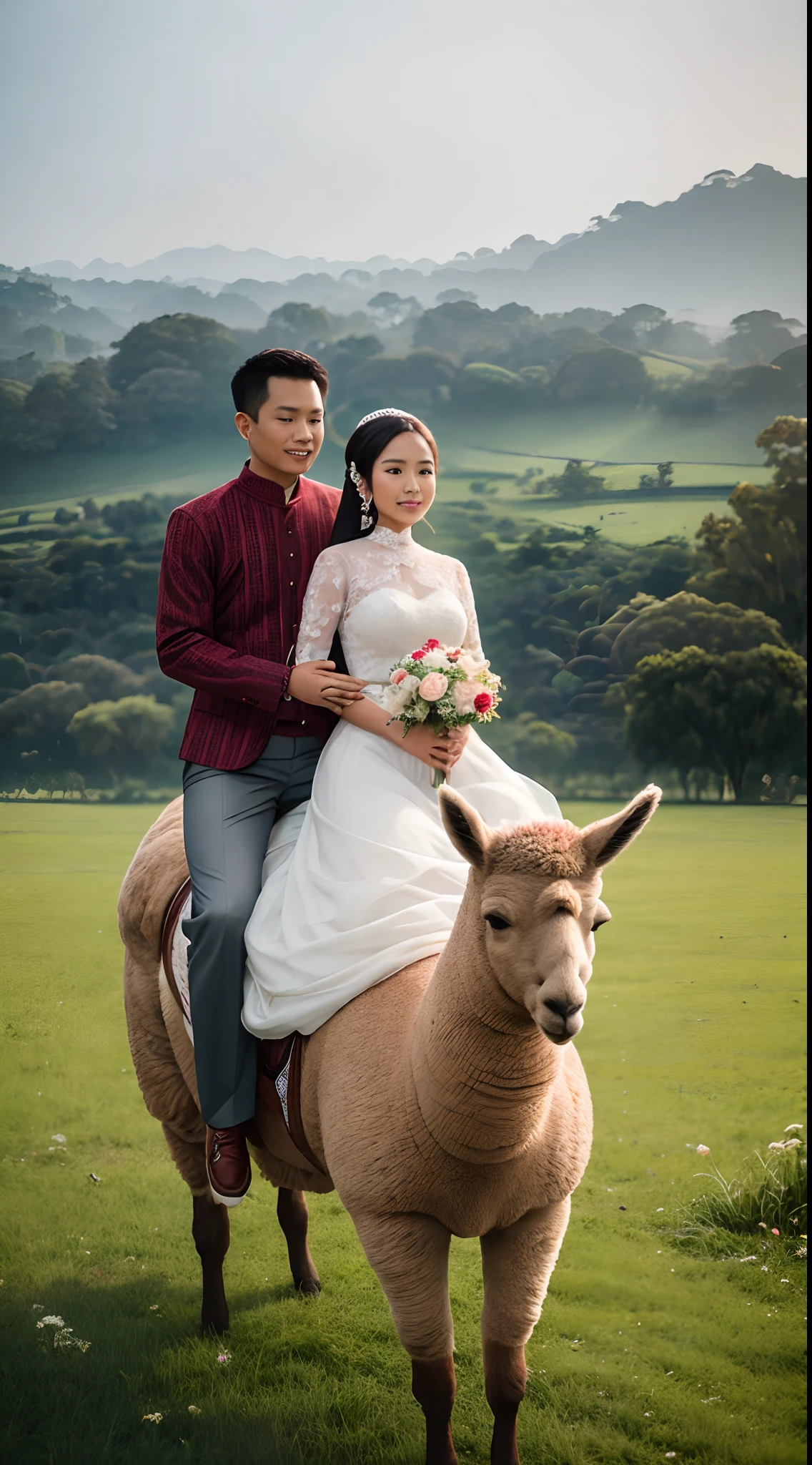 Pre-wedding Indonesian couple wearing casual clothes riding an alpaca in a wide grassland, misty, photography, wide angel, 35mm, eye level composition, very realistic