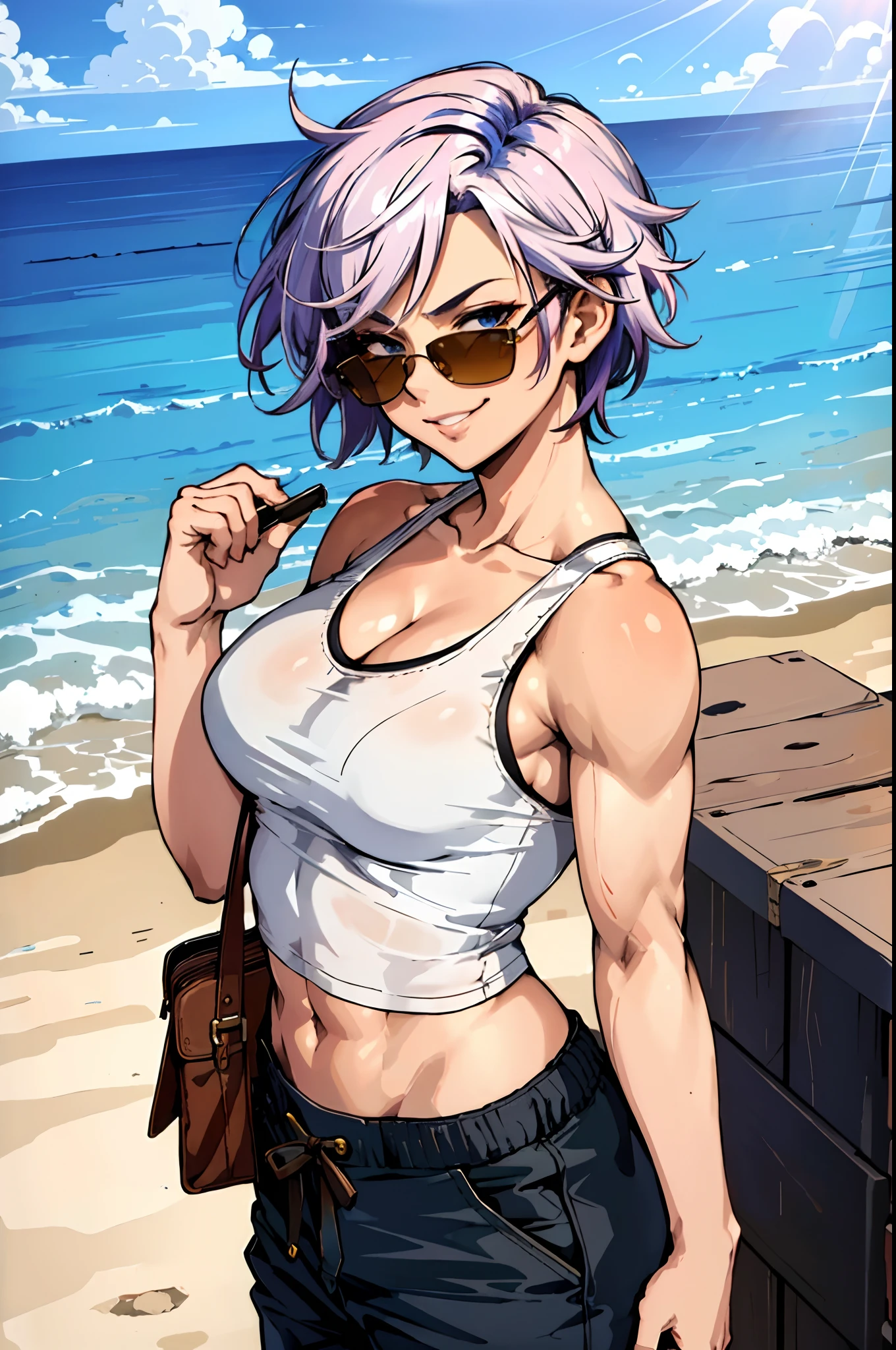 masterpiece, (sharp focus), a woman with colored hair, cool haircut, wearing sunglasses, tank top, baggy pants, muscle arms, front view, confident smirk, sunbeams, pastel gradient, warm atmosphere, high quality, dynamic lighting, 8k, uhd