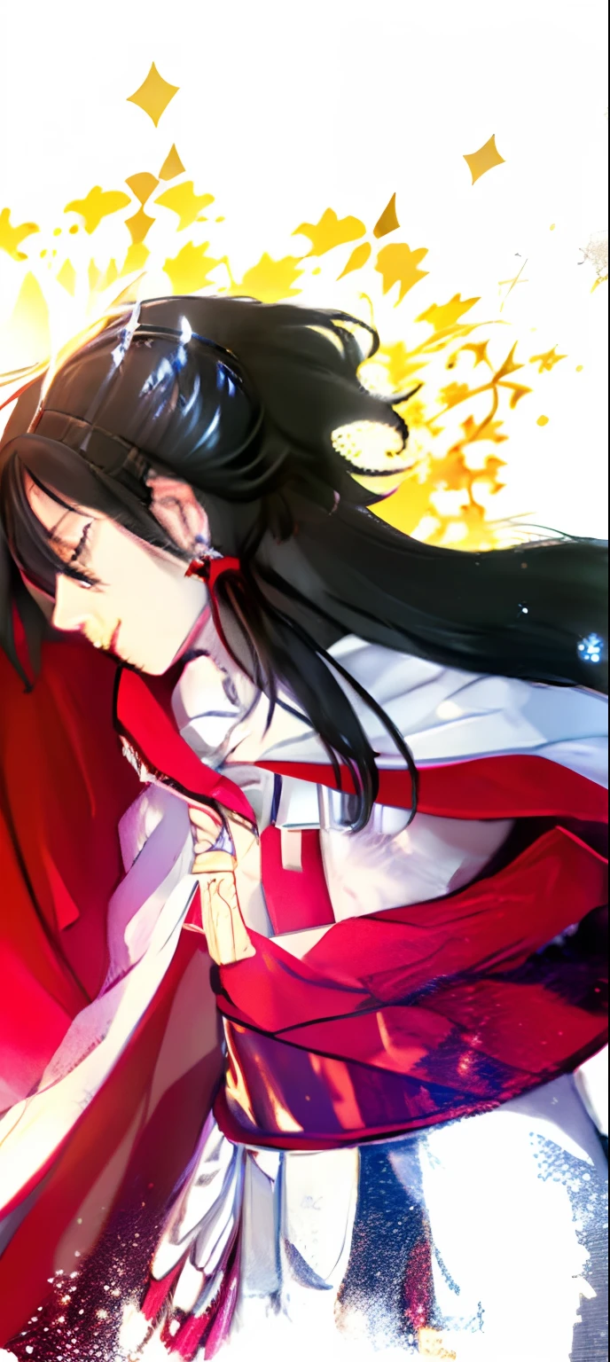 Fate/GrandOrder、 Detailed depiction of the character's facial structure, Bright overall color, schultz  、Light skin tone、caucasic skin、Closed eyes、Sideways face、Black hair fluttering in the wind、Red earrings、Neutral、Drawing in anime style、Red white cloak with lining、A ring of shining stars like a crown on the head、Elegant、Elegant Men