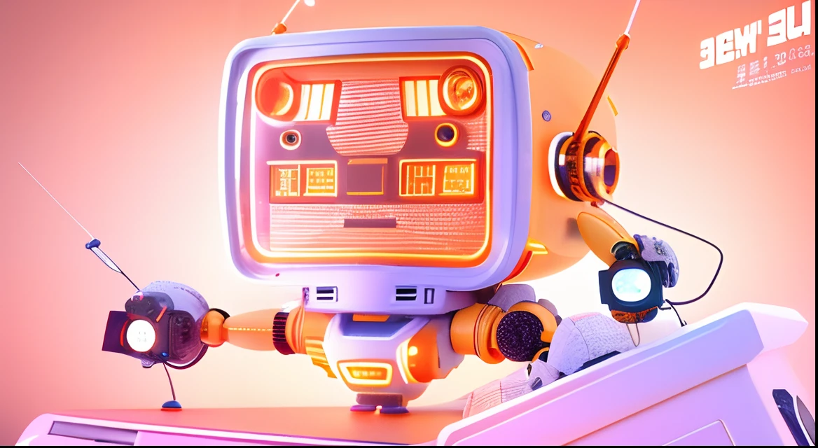 A cute robot,TV robots,Orange-yellow,(antennas)3D,8k,,Ultra high quality
