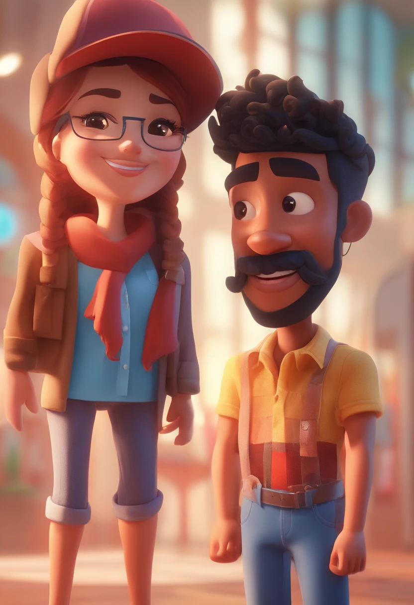 An illustration of an adorable couple, Spotlight on a mulatto man with a beard in a red cap and black outfit, and a brunette woman in glasses with beautiful expressive eyes and elegant outfit, The man's skin is mulatto ,The woman's skin is fair, Woman's hair is straight and black. They are a bright room, cada um com um sorriso no rosto, e compartilhar um momento especial caracterizado pelo amor, Insights. Illustrate this scene from a perspective where they are facing the camera, Smiling and Showing Your Connection. Desenvolva esta arte em Full HD, Focus on your cinematic touch, Estilo Disney Pixar Animations