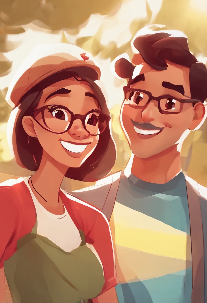 An illustration of an adorable couple, Spotlight on a mulatto man with a beard in a red cap and black outfit, and a brunette woman in glasses with beautiful expressive eyes and elegant outfit, The man's skin is mulatto ,The woman's skin is fair, Woman's hair is straight and black. They are a bright room, cada um com um sorriso no rosto, e compartilhar um momento especial caracterizado pelo amor, Insights. Illustrate this scene from a perspective where they are facing the camera, Smiling and Showing Your Connection. Desenvolva esta arte em Full HD, Focus on your cinematic touch, Estilo Disney Pixar Animations