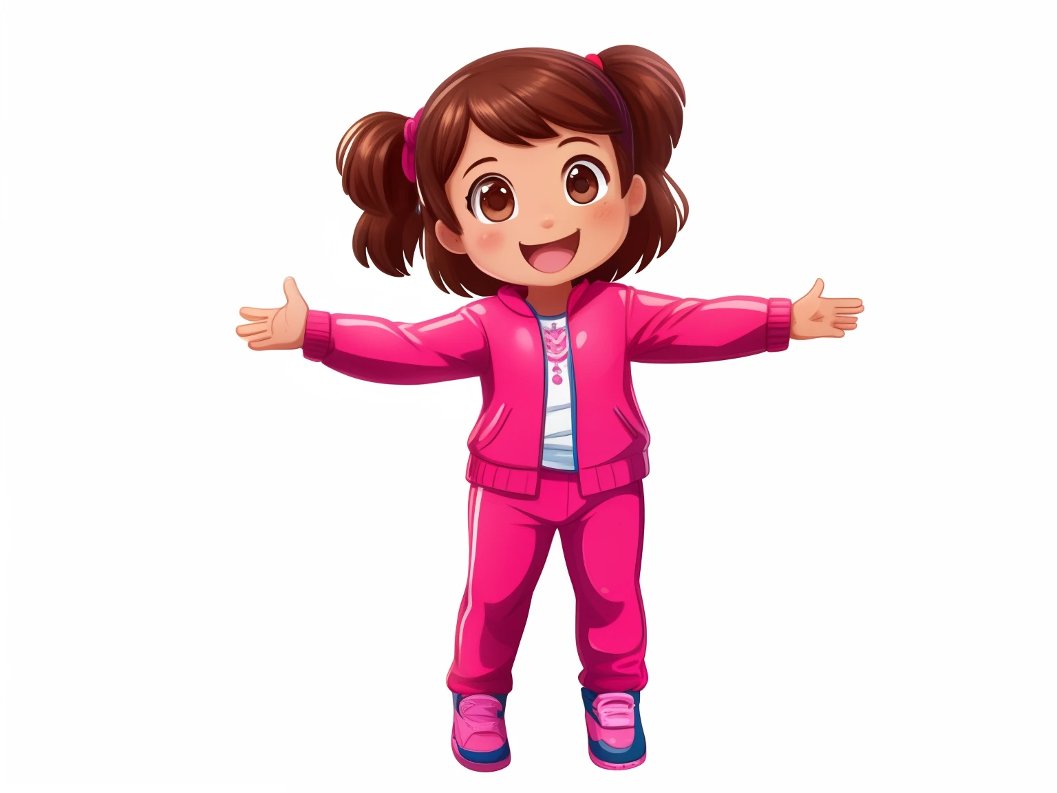 Front image of a 5  girl, standing, happy, with brown hair, brown eyes, rosy cheeks, open arms, legs apart, clean background, pink pants, pink jacket, pink gloves, pink shoes, 2D children's illustration style .