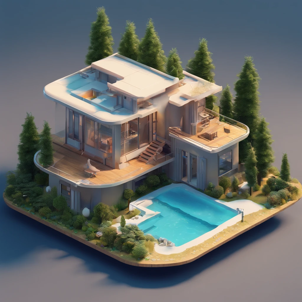 miniature isometric of futuristic house surrounding with trees, 3D rendering, on blue background 00 ,Big fish on top., --s 2
