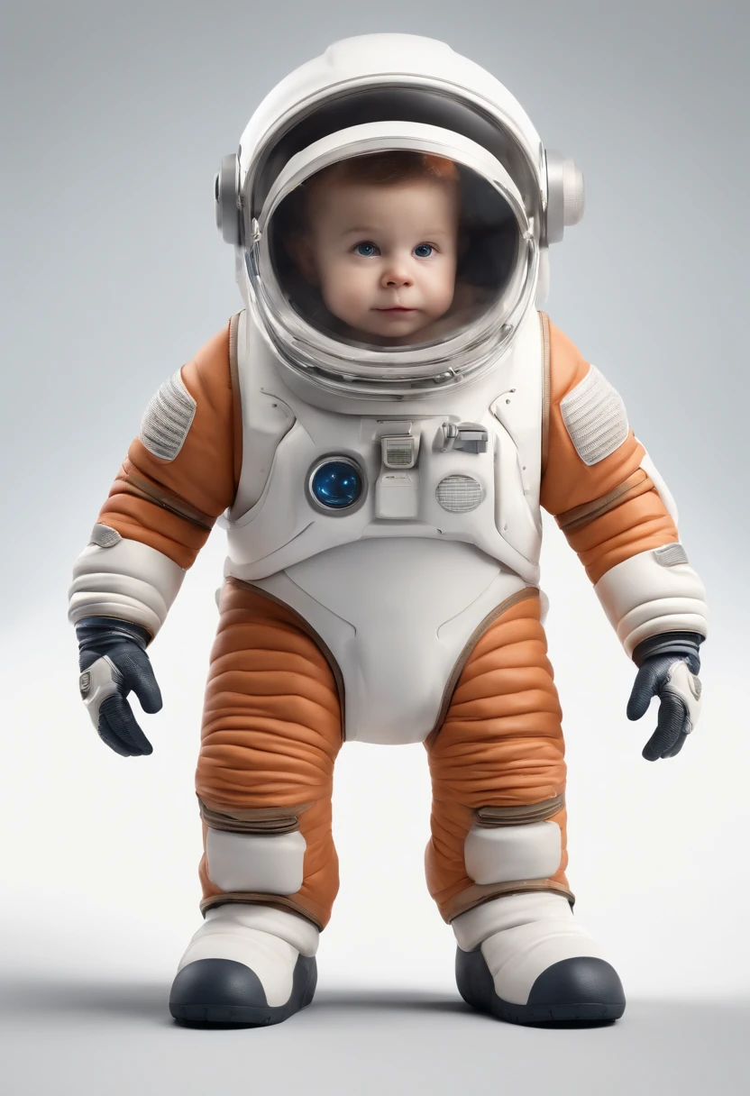 (Happy cute ???,Short hair,lively expression) Stand in a posed posture with a confident smile, Wearing an astronaut costume and a colorful vest. Child standing in front of a clean white background, It highlights the bright colors of the costumes. The hair, Similar to Pixar style, It's totally burnett, Intricate details and asymmetrical design. The overall picture is、Rendered in 3D with a cartoon-like touch. The face is particularly fine, Have well-defined functions, Adorable and joyful expression. The image resolution is a staggering 16K, Achieve ultra-fine and sharp focus. The figures of children and astronaut costumes are vivid、Reminiscent of the concept of an animated movie.