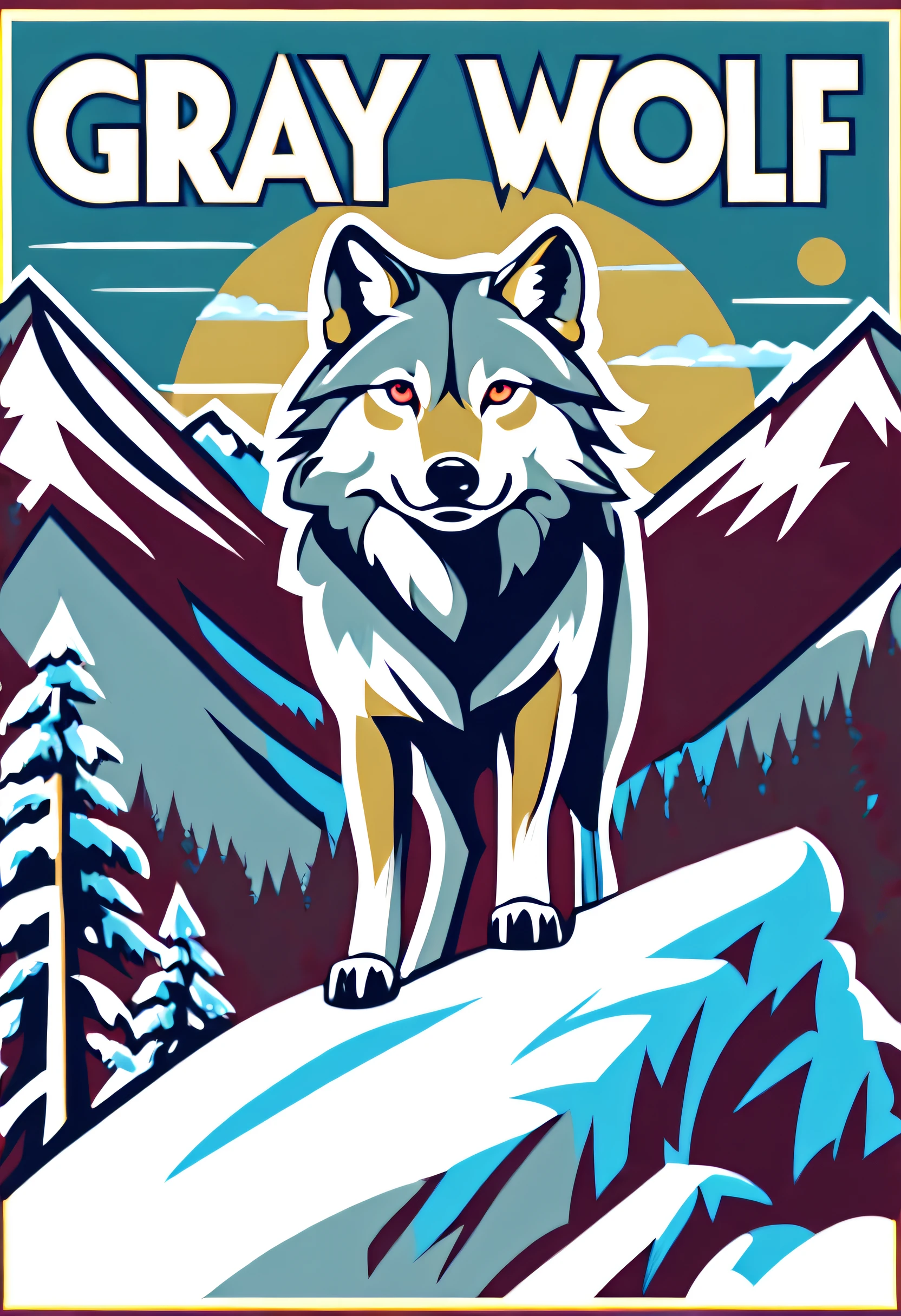 (((majestic epic wolf standing atop a snowy mountain of on the wall movie poster, movie poster illustration and the story it represents true work of art:1.3))), piercing blue eyes gazing into the distance as it howls at the moon, intricate details of its fur surrounding, (((rich colors:1.3))), landscape are captured in a stunningly realistic style, use of bold lines and vibrant colors brings, (((wine red and gold plate logo "gray-wolf" on it.)))