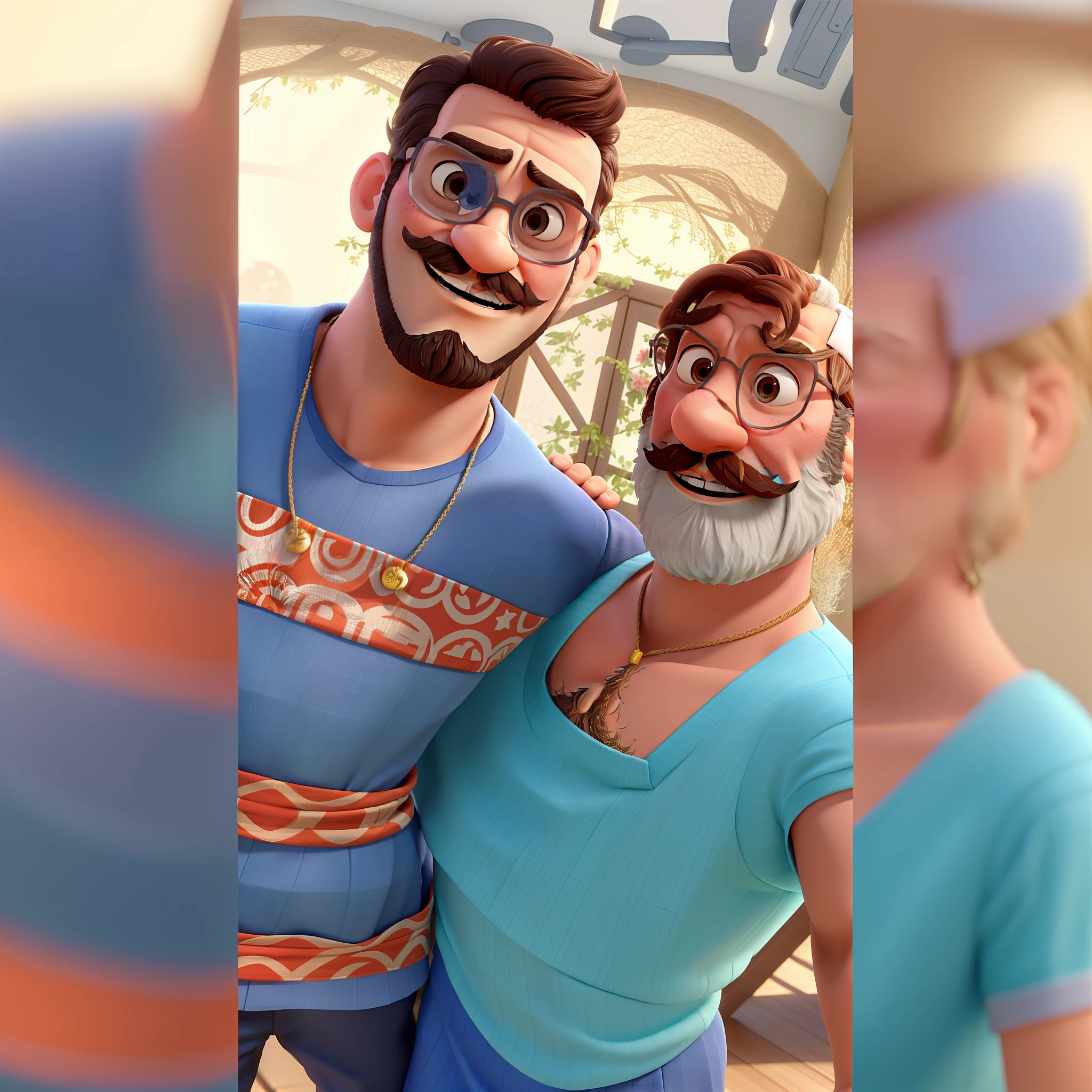 Homem de terno com barba e bigode e mulher de vestido de noiva, apaixonados, Disney pixar |