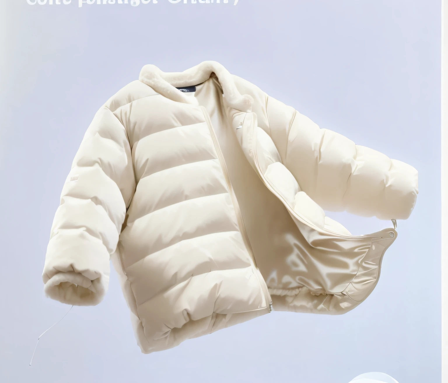 (Best quality,4K,8K,A high resolution,Masterpiece:1.2),Ultra-detailed,(Realistic,Photorealistic,photo-realistic:1.37),A white jacket hanging on a hanger, Padded cotton coat, thick lining, down jacket, soft - warm, Futuristic inflatable jacket, High details, Soft and comfortable, Fashionab, White down jacket, High details, highly fashionable, toddlers, Clothing from the future, High details, Cotton coat, Full clothing, soft warm light, Official product image