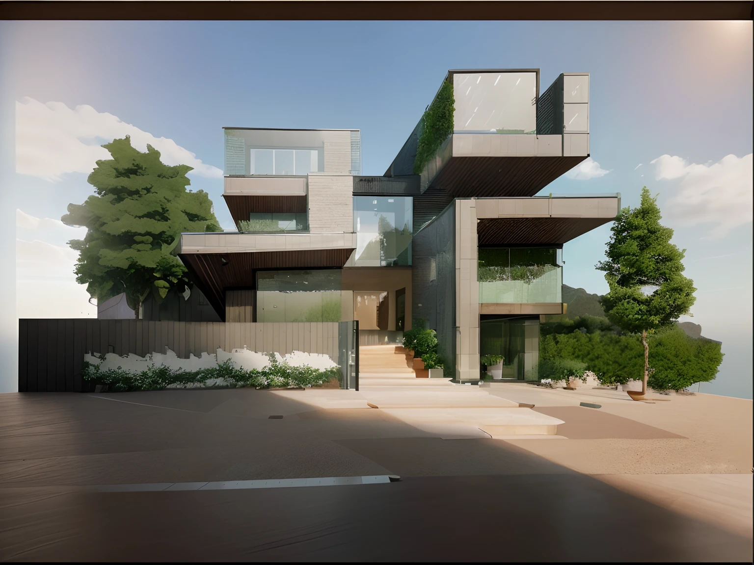 Mediteranian style house, glass house with a sloping roof, modern Mansion, dynamic (RAW photo, real, best quality, masterpiece:1.2), (hyper realistic, photo-realistic:1.2), high quality, (Bright lighting:1.2), perfect lighting, archdaily, Daytime