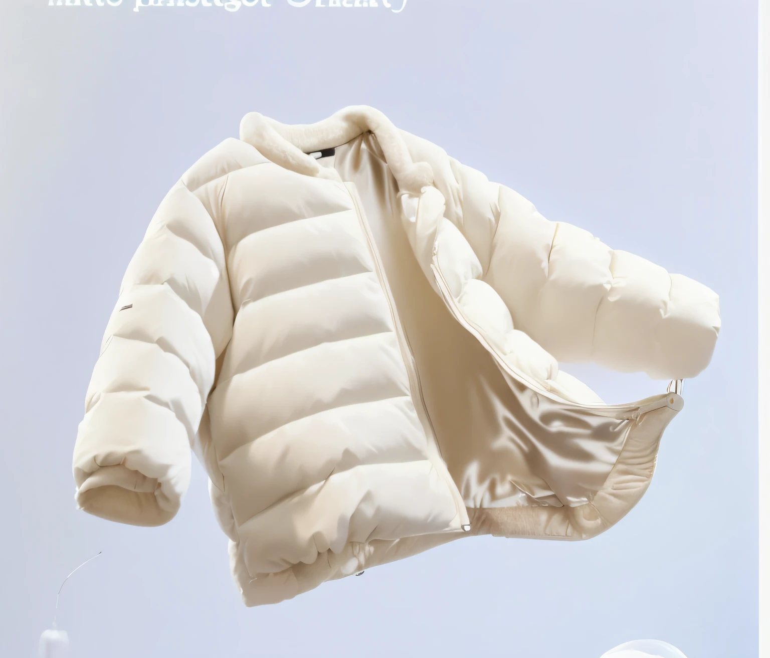 (Best quality,4K,8K,A high resolution,Masterpiece:1.2),Ultra-detailed,(Realistic,Photorealistic,photo-realistic:1.37),A white jacket hanging on a hanger, Padded cotton coat, thick lining, down jacket, soft - warm, Futuristic inflatable jacket, High details, Soft and comfortable, Fashionab, White down jacket, High details, highly fashionable, toddlers, Clothing from the future, High details, Cotton coat, full clothing, soft warm light, Official product image
