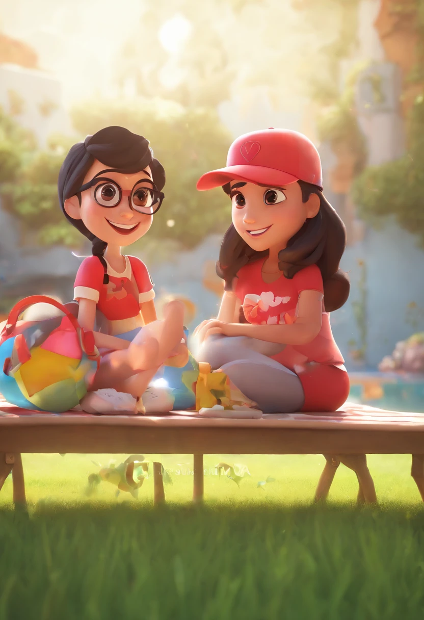 An illustration of an adorable couple, Spotlight on a dark-bearded man with a red cap and black clothes. The brunette woman in glasses with beautiful expressive eyes and elegant outfit, ,The woman's skin is fair, Woman's hair is straight and black. They are a bright room, cada um com um sorriso no rosto, e compartilhar um momento especial caracterizado pelo amor, Insights. Illustrate this scene from a perspective where they are facing the camera, Smiling and Showing Your Connection. Desenvolva esta arte em Full HD, Focus on your cinematic touch, Estilo Disney Pixar Animations