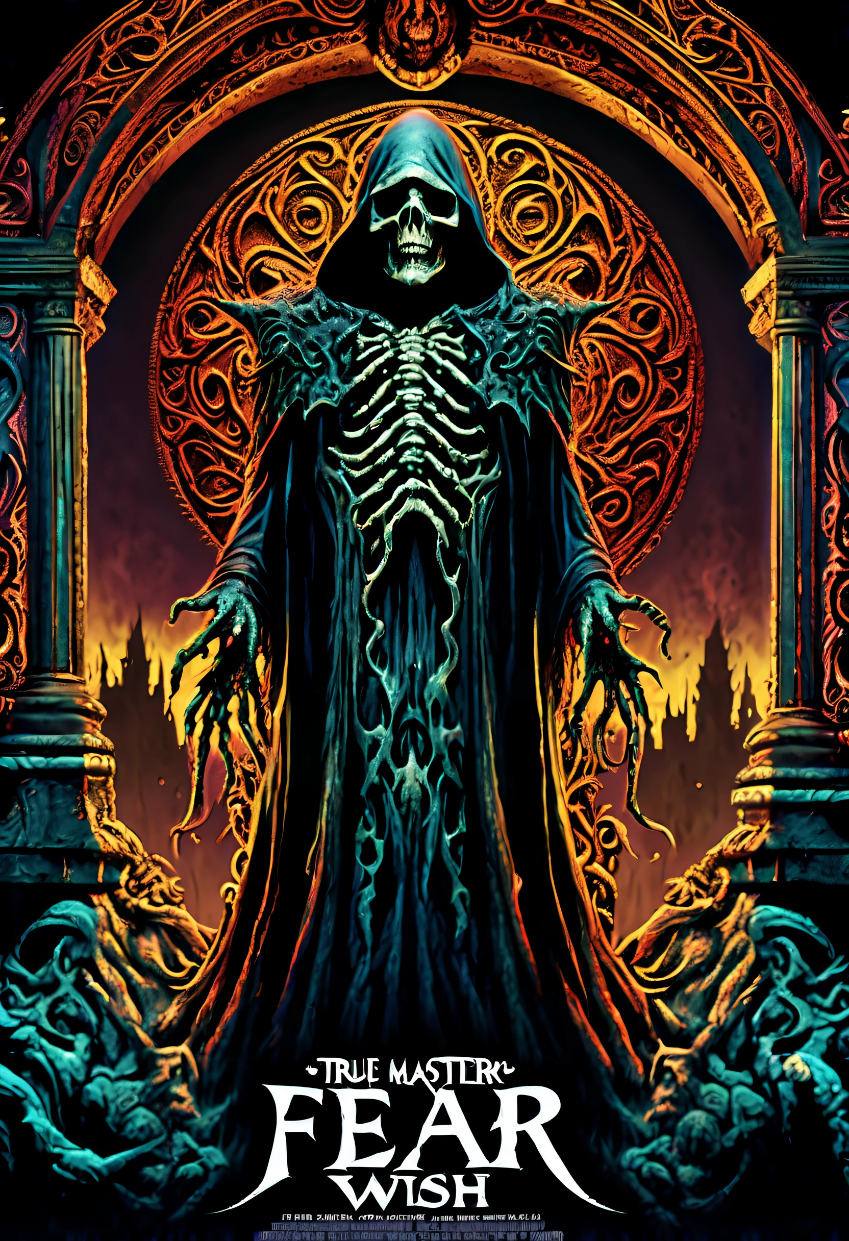 epic dark fantasy of movie poster, (true masterpice:1.2), (shadow coating with rich colors illustration:1.1), death core, (chilling undead creature, each clad in ghostly attire:1.1), just incredible horror, terror dark fantasy world, (((fear wish, terror wish:1.3))), conceptual contrast, beautiful detail oil paint, (((stunning intricate detailed 32k render:1.3))), (((intricate insane details:1.3))), (((extremely incredibly detailed:1.3))), metallic plate board "LORA" write on it in a "Dark Fantasy"