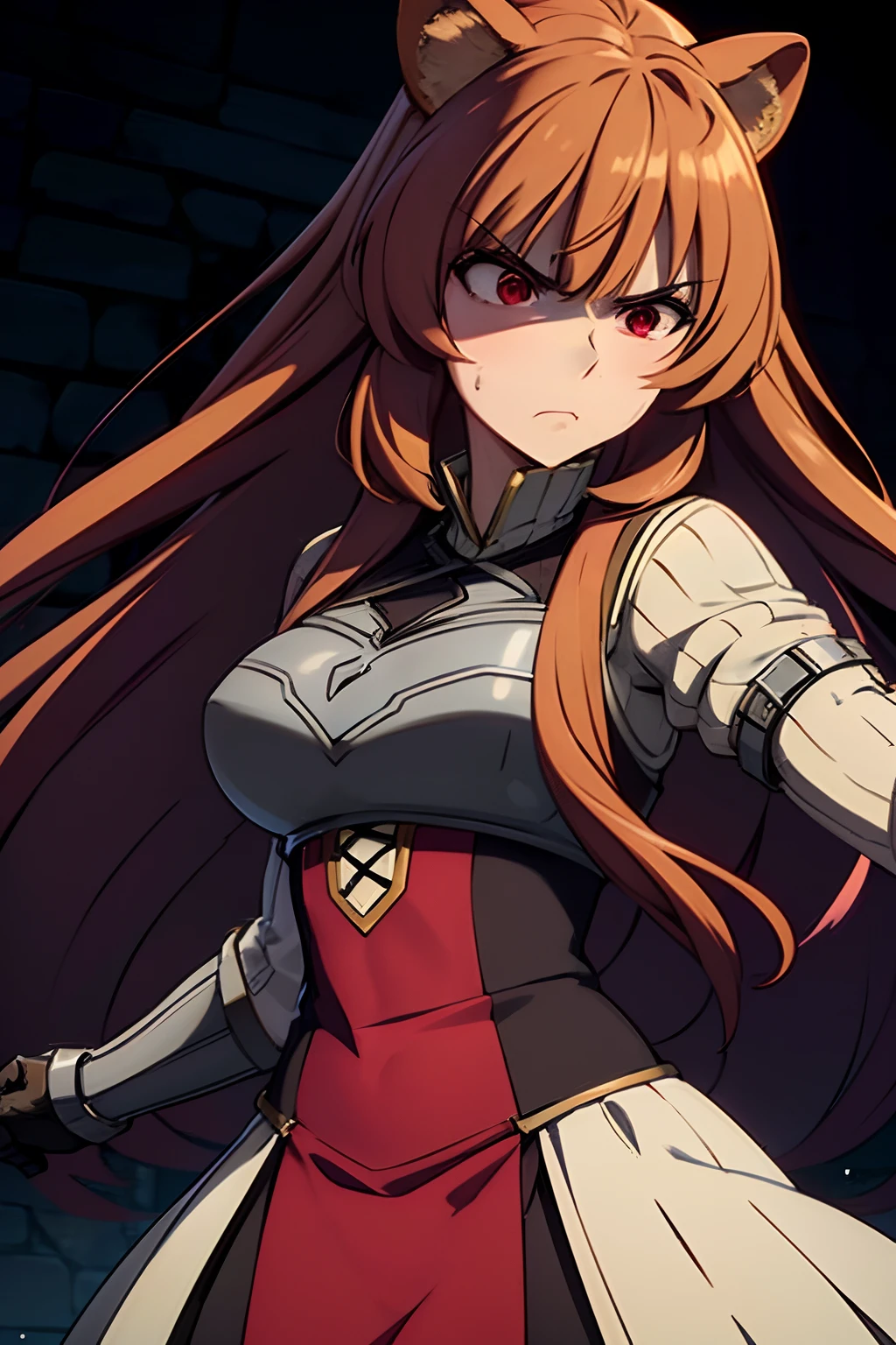 Raphtalia's expression of anger is intense and palpable. Her red eyes, usually warm and friendly, now narrow with fiery determination. They glisten with fierce resolve. Her eyebrows are furrowed in a sharp, prominent V-shape, emphasizing the intensity of her emotion.

Her closed mouth forms a tight, thin line, indicating her suppressed anger. Her lips press together, and you can see the tension in her jawline. This restraint amplifies the severity of her emotions, suggesting that she is holding back a torrent of emotions beneath the surface.

Her posture also speaks volumes about her anger. Her body appears rigid, and her muscles seem taut beneath her dress and armor. Every inch of her stance exudes defiance and readiness for action. Her fists may be clenched, further accentuating her determination.

The "death glare" in her red eyes intensifies the overall expression. She gazes directly at the viewer with an unwavering, piercing stare that could send shivers down one's spine. This glare seems to convey not just anger but a strong desire to confront and overcome whatever has provoked her.

In this moment, Raphtalia's anger is a potent force, and it's evident in every aspect of her appearance and demeanor. It's as though a storm of emotions has taken hold of her, and she's prepared to channel that energy into her actions.