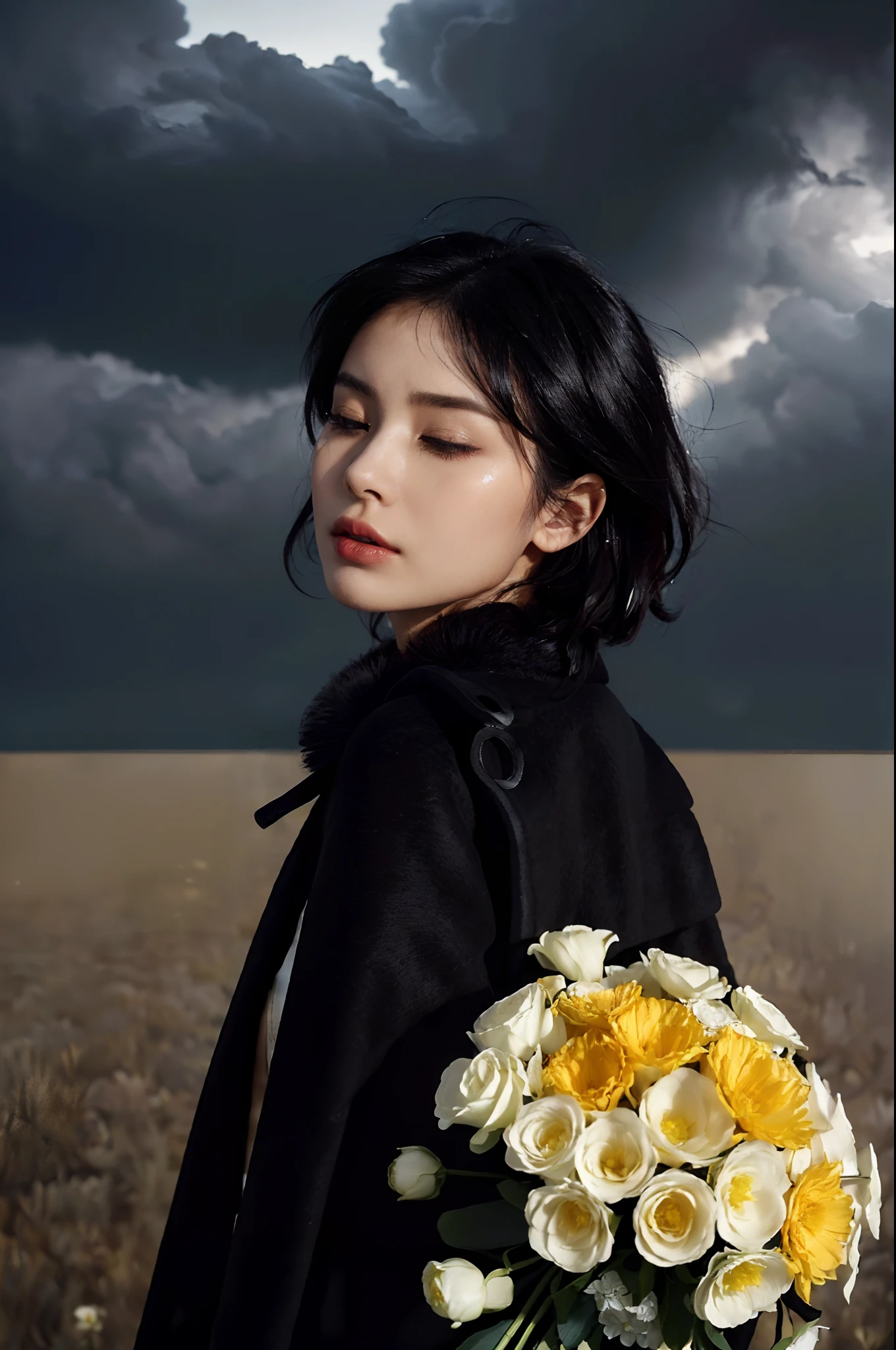 (shoulder length straight short hair: 1.2),(black hair:1.3),(Extremely meticulous CG 8k wallpaper），（Extremely refined and beautiful），（Masterpiece:2.0），（best qualtiy：2.0），（Ultra High Resolution：1.0），beautiful light up，Perfect lightning，realistic shaded，[A high resolution],(Smooth and flawless fair skin:1.5),Extremely exquisite facial details,(perfect body：1.1），ultra - detailed,A beautiful girl,small head,(Small breasts:1.1)，Flat chests，slim，thin,(Sad:1.3), (solemn:1.2),(Crying:1.2), (tears:1.3),(black woolen coat:1.5),(white collared shirt),standing,Outdoor,(in a vast square:1.5),(Holding a large bundle of yellow and white flowers in arms:1.0),(dark cloudy day:1.3),Portrait photo,(close-up of upper body:1.3),sideview,from behind,(close eyes:1.2),(Bow head down:1.2),Devout silence