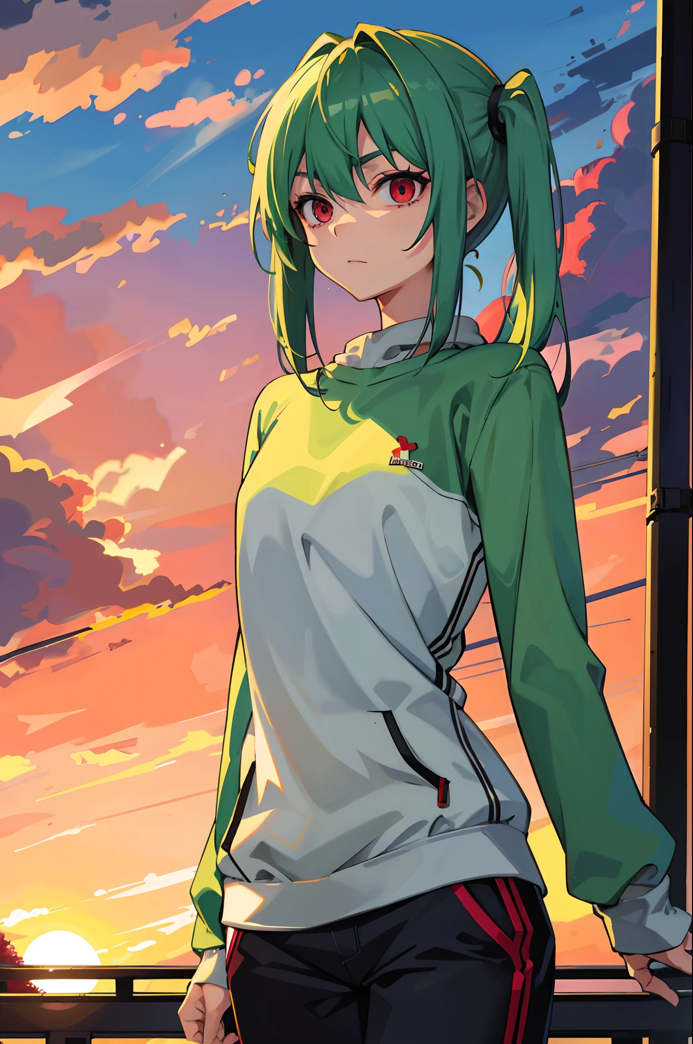 green hair, teenaged, red eyes, cracks, gray sweatshirt, Half-body photo at sunset