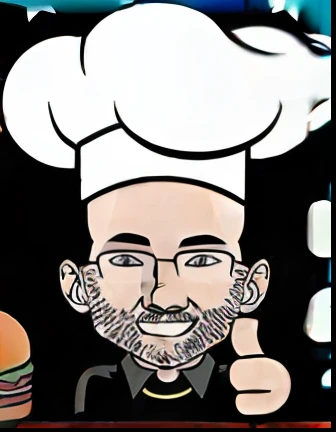 Crie uma cena de desenho animado estilo 3d -Pixar, Onde um homem, de cabelos pretos com 35 anos de idade, he is cooking dressed as a chef, seafood and vegetables