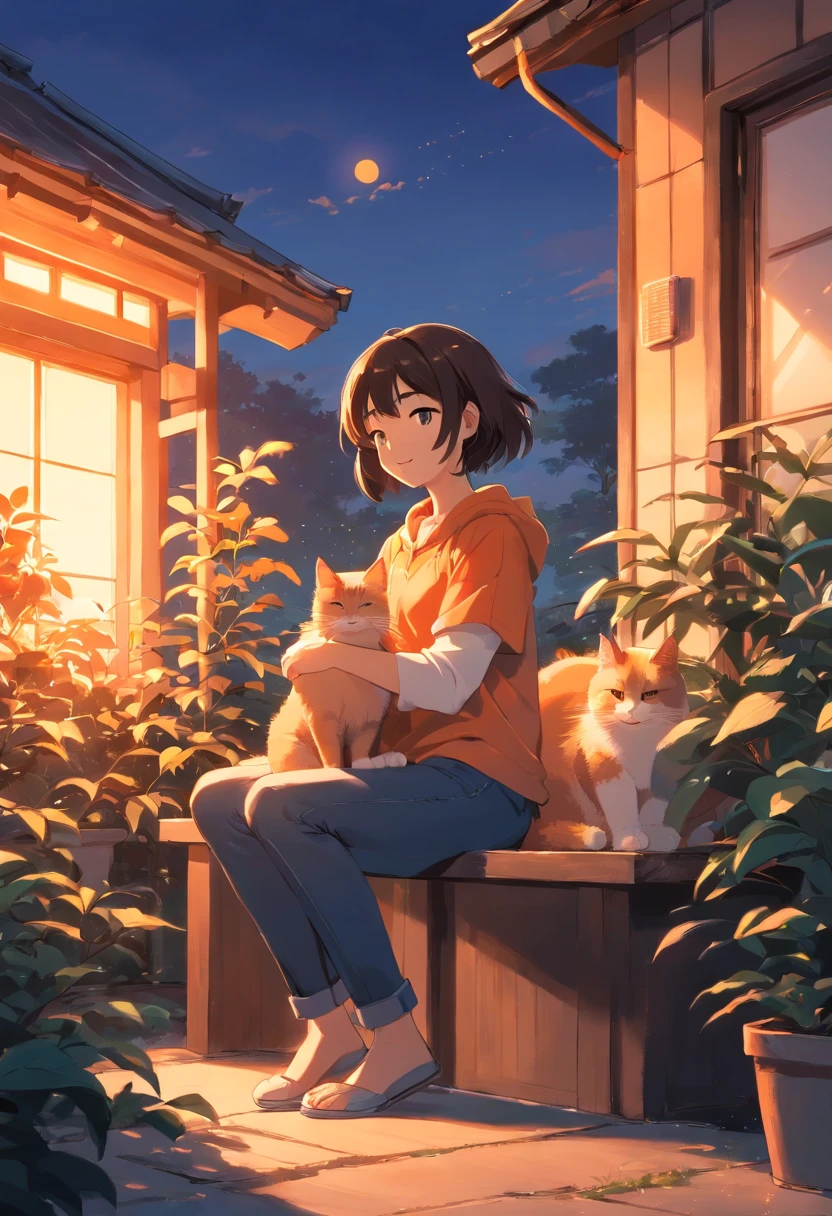 mono tone of black and orange illustration of a happy lady sitting side by side with her beloved cat enjoying the beautiful scene of sunset in the home garden, contrast lighting, 60% human and cat 40% background, positive vibes,
