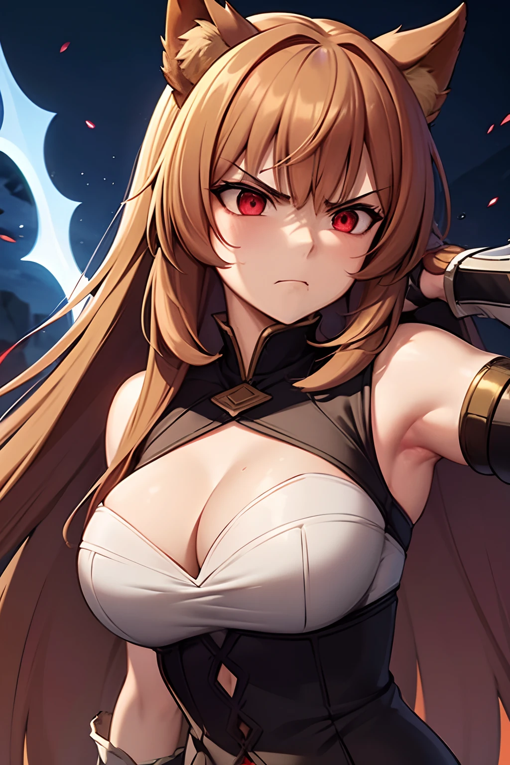 Raphtalia's expression of anger is intense and palpable. Her red eyes, usually warm and friendly, now narrow with fiery determination. They glisten with fierce resolve. Her eyebrows are furrowed in a sharp, prominent V-shape, emphasizing the intensity of her emotion.
Her closed mouth forms a tight, thin line, indicating her suppressed anger. Her lips press together, and you can see the tension in her jawline. This restraint amplifies the severity of her emotions, suggesting that she is holding back a torrent of emotions beneath the surface.
Her posture also speaks volumes about her anger. Her body appears rigid, and her muscles seem taut beneath her dress and armor. Every inch of her stance exudes defiance and readiness for action. Her fists may be clenched, further accentuating her determination.
The "death glare" in her red eyes intensifies the overall expression. She gazes directly at the viewer with an unwavering, piercing stare that could send shivers down one's spine. This glare seems to convey not just anger but a strong desire to confront and overcome whatever has provoked her.
In this moment, Raphtalia's anger is a potent force, and it's evident in every aspect of her appearance and demeanor. It's as though a storm of emotions has taken hold of her, and she's prepared to channel that energy into her actions.