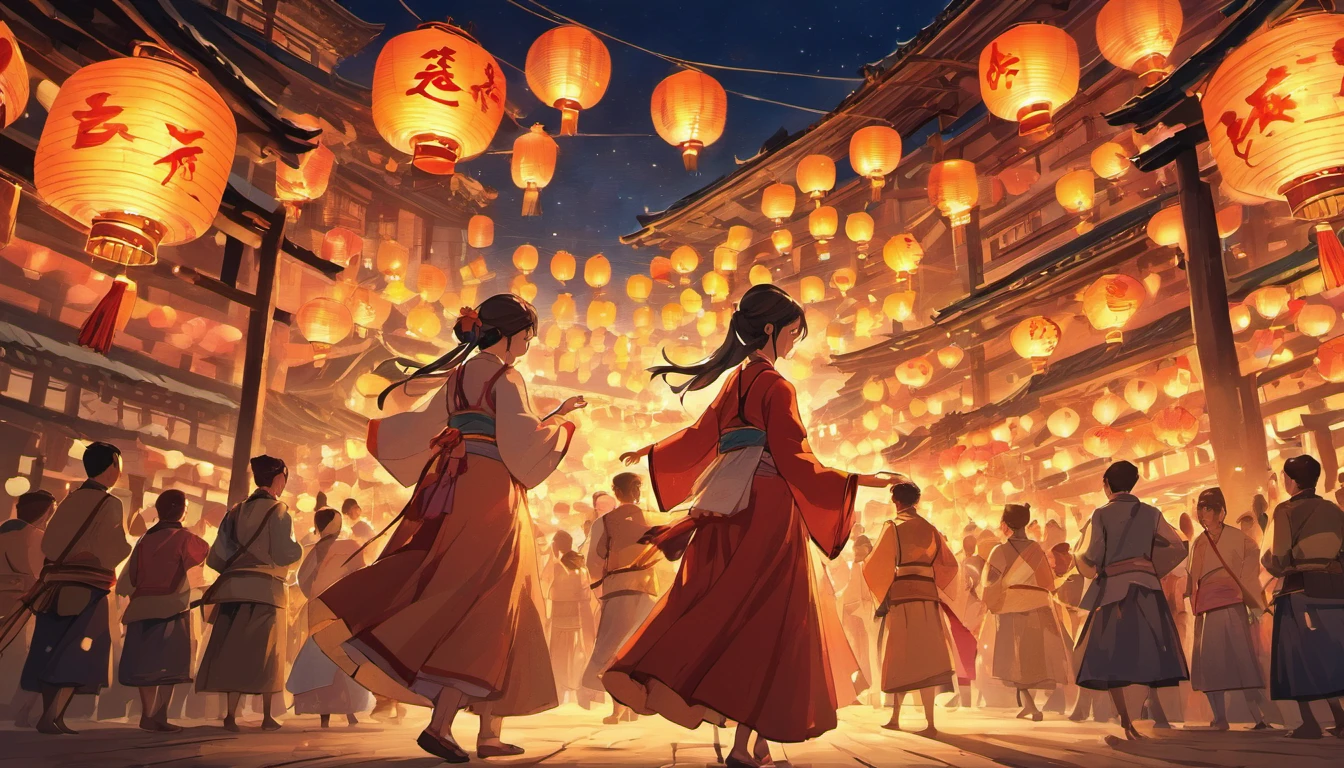 Lantern night、Traditional celebrations
### Example of a prompt
Ming dynasty, Traditional Lantern Festival, Village scene, colorful lanterns, glowing lanterns, a joyful atmosphere, traditionalcostumes, Historical traditions, Celebration, Cultural heritage, Moonlit Night, Happy villagers, Generations of ancestors, Gratitude and respect, Vibrant colors, flashing lights, traditional rituals, Ancestral spirit, Community gatherings, upbeat music, Unity and solidarity, Lively décor, nostalgic ambiance, Folk dance, Storytelling, Cultural preservation, Lantern-lit paths, Lantern making workshop, A sense of belonging, Lantern procession, Happiness and harmony, Intergenerational connections, Cultural pride, Magical atmosphere, The lanterns cast beautiful shadows, Nighttime celebrations, Illuminated village, Traditions and customs, festive atmosphere, Lantern art, Traditional music performance