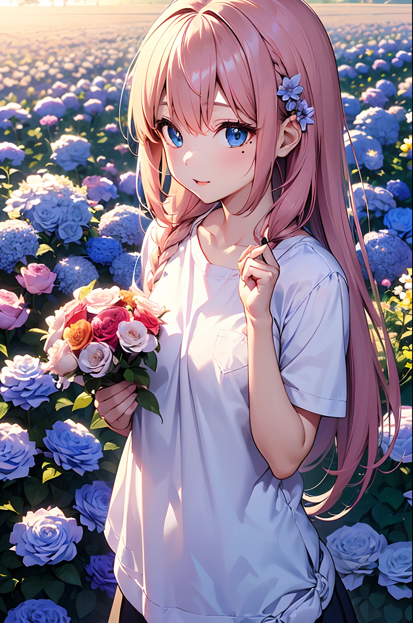 (Girl with a nasty appearance:1.3)、(Daytime:1.5)、(and chest:1.4)、Raw photography, top-quality, hight resolution, (masterpiece), (Photorealsitic:1.4), (Mole under the eyes),Anime Cosplay, foco nítido, nffsw, 8K分辨率, intricate detailes, depth of fields, the Extremely Detailed CG Unity 8K Wallpapers, front lit, femele,25-years old、 Happy face,(tying hair:1.5)、see -through、(Medium pink hair)、blue eyess,(flower field:1.5)、(Big shirt:1.3)、(Full body depiction)、(Holding a bouquet of flowers:1.3)、Blue roses、Shining blue sky、celebration