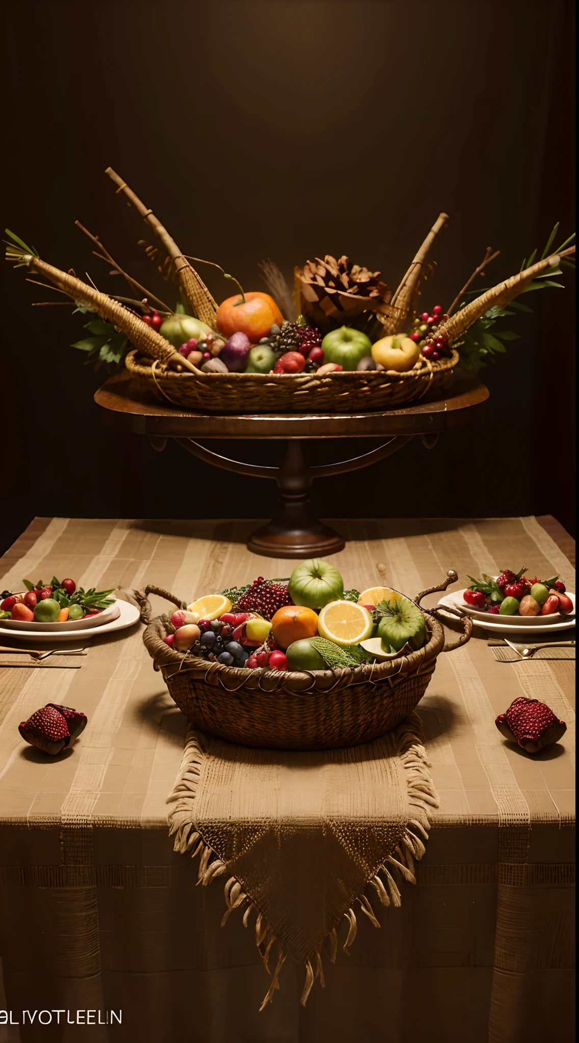 A realistic still life painting of a cornucopia made of woven straw, placed on table with dark red tablecloth, filled with a variety of fruits, vegetavles and nuts, some produce spills out of it onto table, contrast colors and shapes, high quality, intricated detailed, ultra HD res
