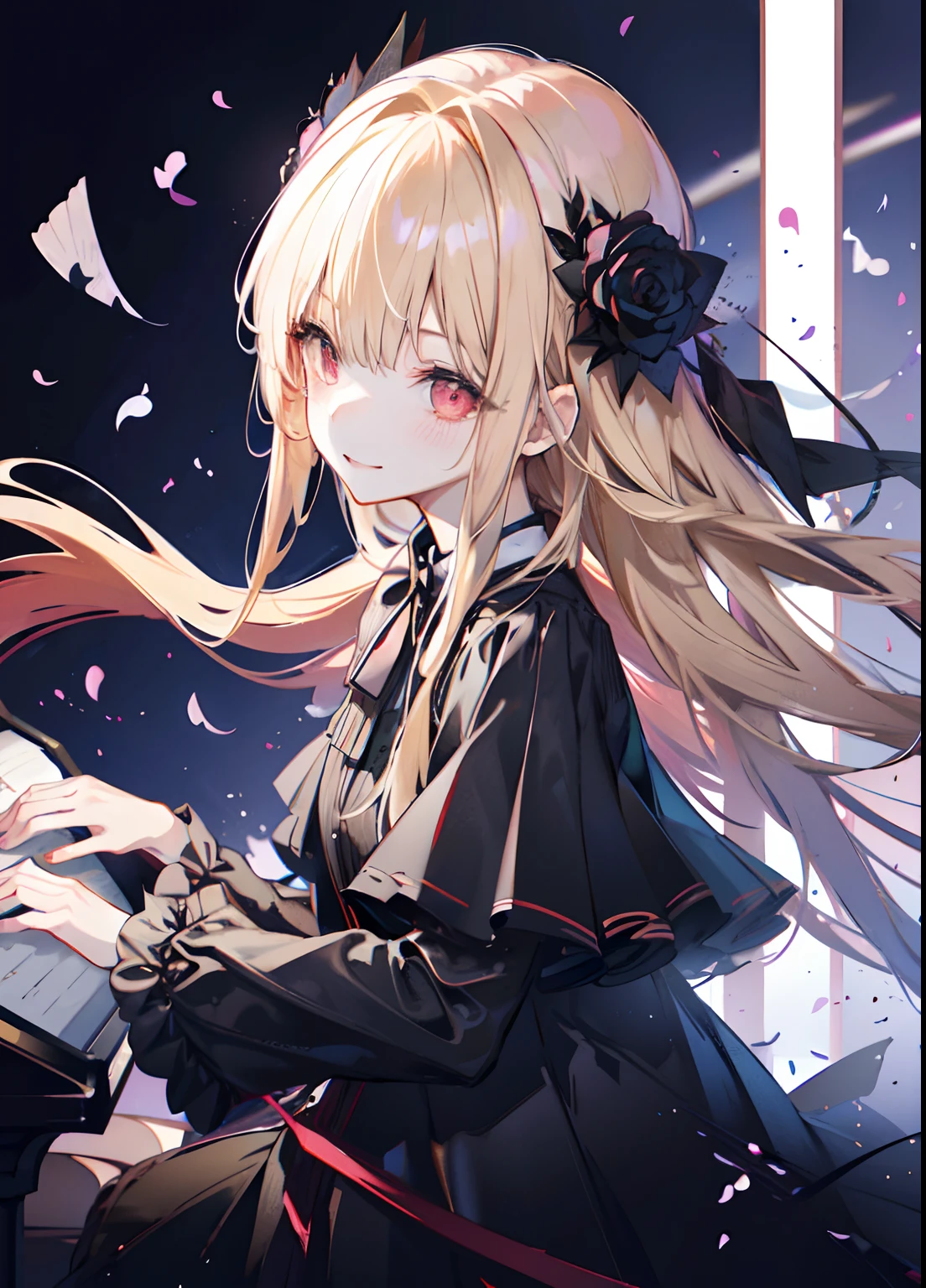 女の子1人、独奏、length hair、piano、Red Eyes、doress、Black Dress、Luxurious dresses、Black tights、Light blonde hair、Particles of light、mournful smile、Stand in front of the piano in the hall、Stand in front of the piano、spot light、Black Rose Motif Dress、bangss、Piano Headrest、Tilt of the neck、Black roses、beatiful detailed eyes、细致背景、crow、Black plumage、piano、Black Rose、glass、(Black dress:1.4)、Dresses only in black、(Piano behind the girl:1.4)