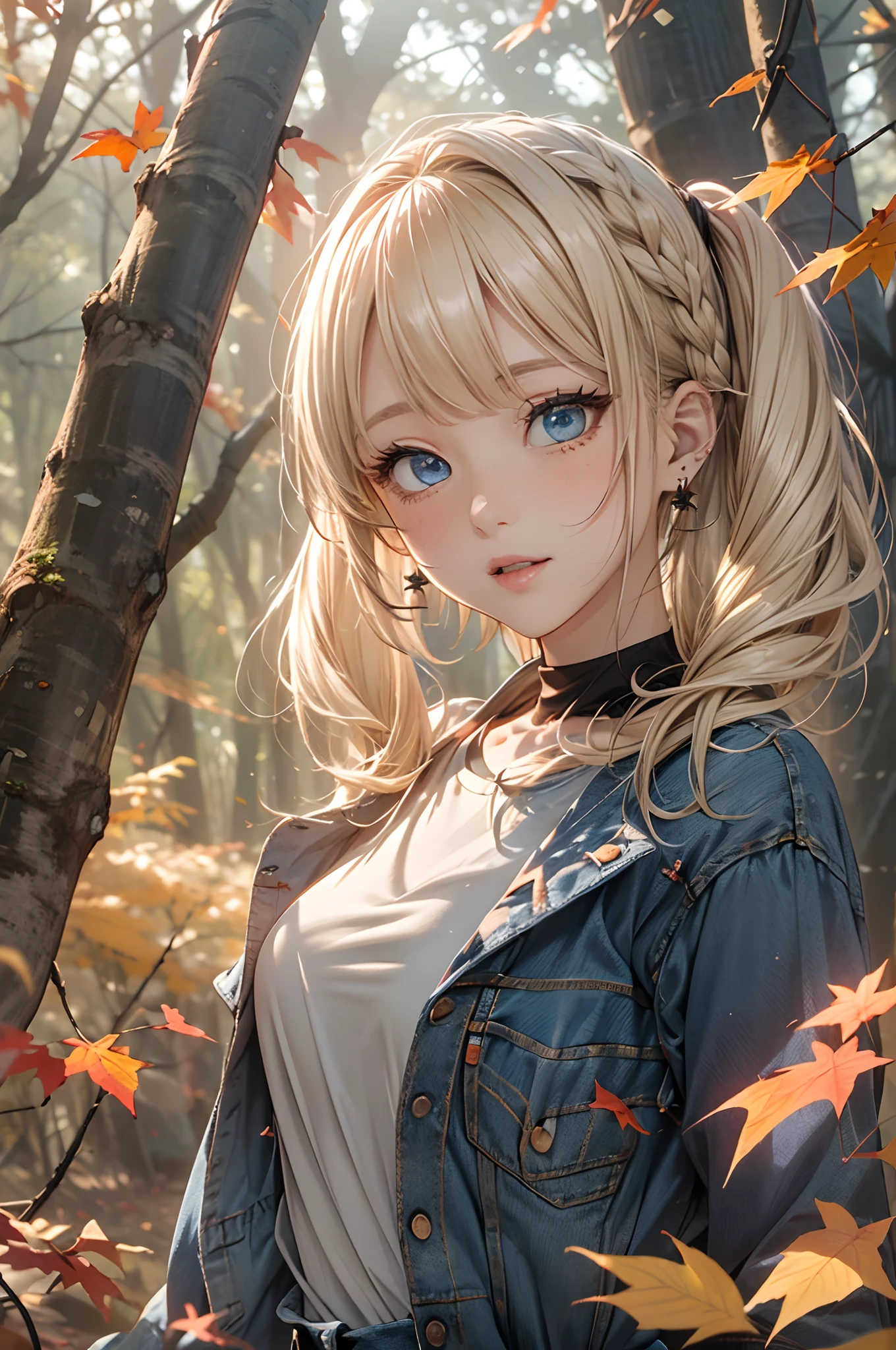 absurderes, ultra-detailliert,bright colour, (1girl in:1.4),(A forest with very beautiful autumn leaves:1.5),extremely beautiful detailed anime face and eyes,(happy smail:1.4),asymmetrical bangs, (Blonde hair with short twin tails:1.3), Shiny hair, (Looking at Viewer),(From Side:1.3),Blue_skyporn, built, cliff, clouds, cloudy_skyporn, tag, the woods, Grassy,jungles, lake, lens_f lare, light_Rays, mont, naturey, plein air, Pines_Tree Road, landscapes, Skysky, suns, Sun'rays, sunlights,The tree, tree_Shade, Eau, (Tight jeans:1.3), (a black T-shirt:1.4), Walking ,(Deep Blue Eyes:1.3),depth of fields, Delicate beautiful face, red blush、White skin, hair clips, earrings,