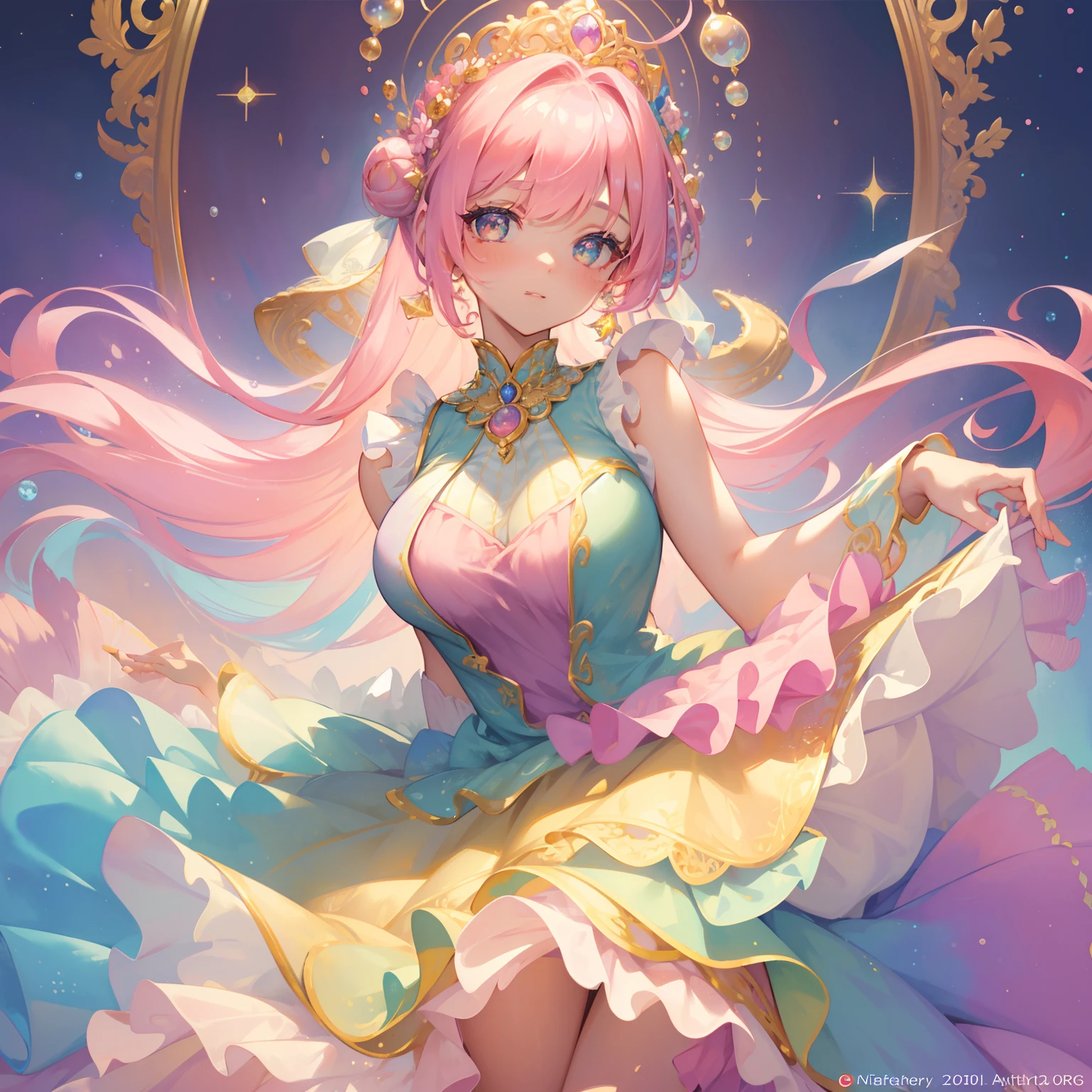masterpiece, best quality, 8k resolution, sharp focus, intricate detail, beautiful girl, sparkling eyes, golden ratio face, otherworldly liquid, watercolor, pastel pink colors, bright pink colors, whimsical, colorful, sharp focus, high resolution, fine detail, ((layered tiered puffy sleeveless ballgown)), ((round eyes)), legs, iridescent bubbles, lavender background
