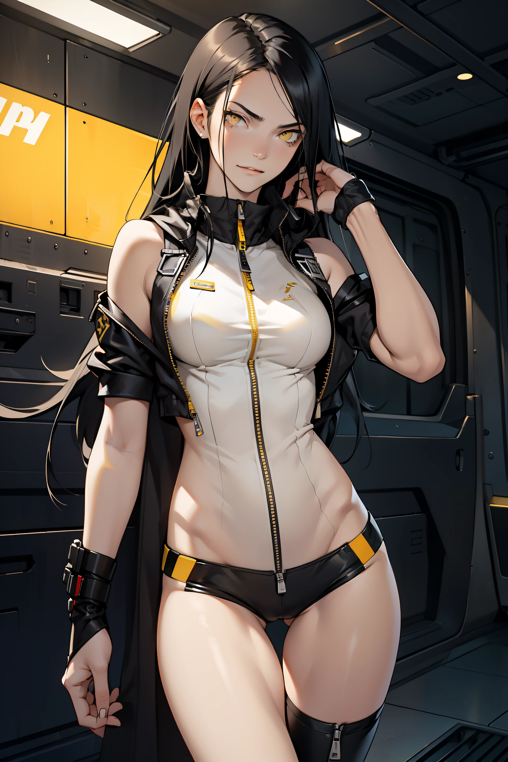 1 girl, black hair, yellow eyes, very long hair, pale skin, fit body, slender body, slim waist, large breasts, (confident expression), pilot suit, thigh gap, bare thighs, thighs bare, sleeveless, show bare neck, zipper down to show bare neck, bare clavicles, faint smile