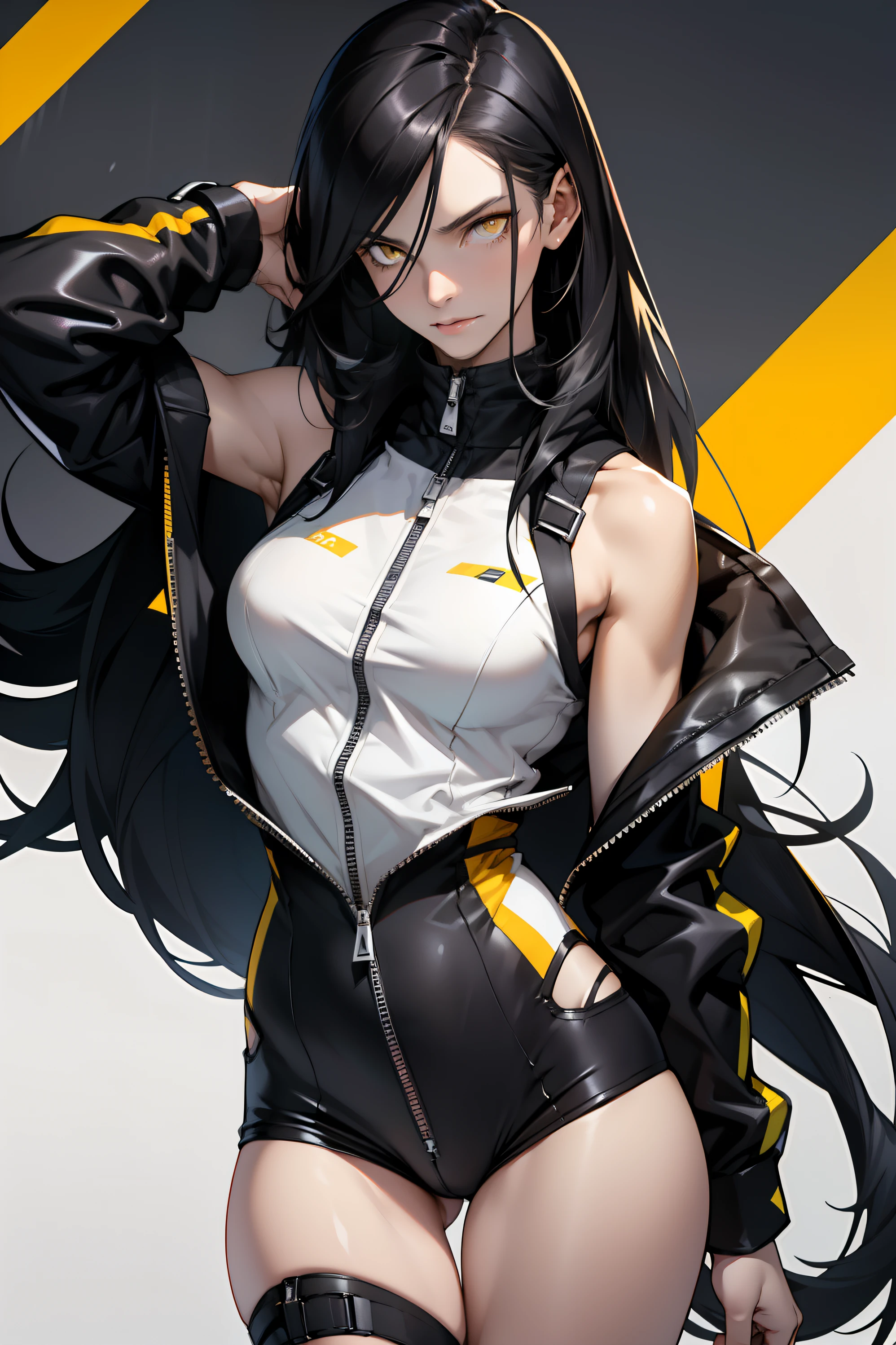 1 girl, black hair, yellow eyes, very long hair, pale skin, fit body, slender body, slim waist, large breasts, (confident expression), pilot suit, thigh gap, bare thighs, thighs bare, sleeveless, show bare neck, zipper down to show bare neck, bare clavicles, faint smile