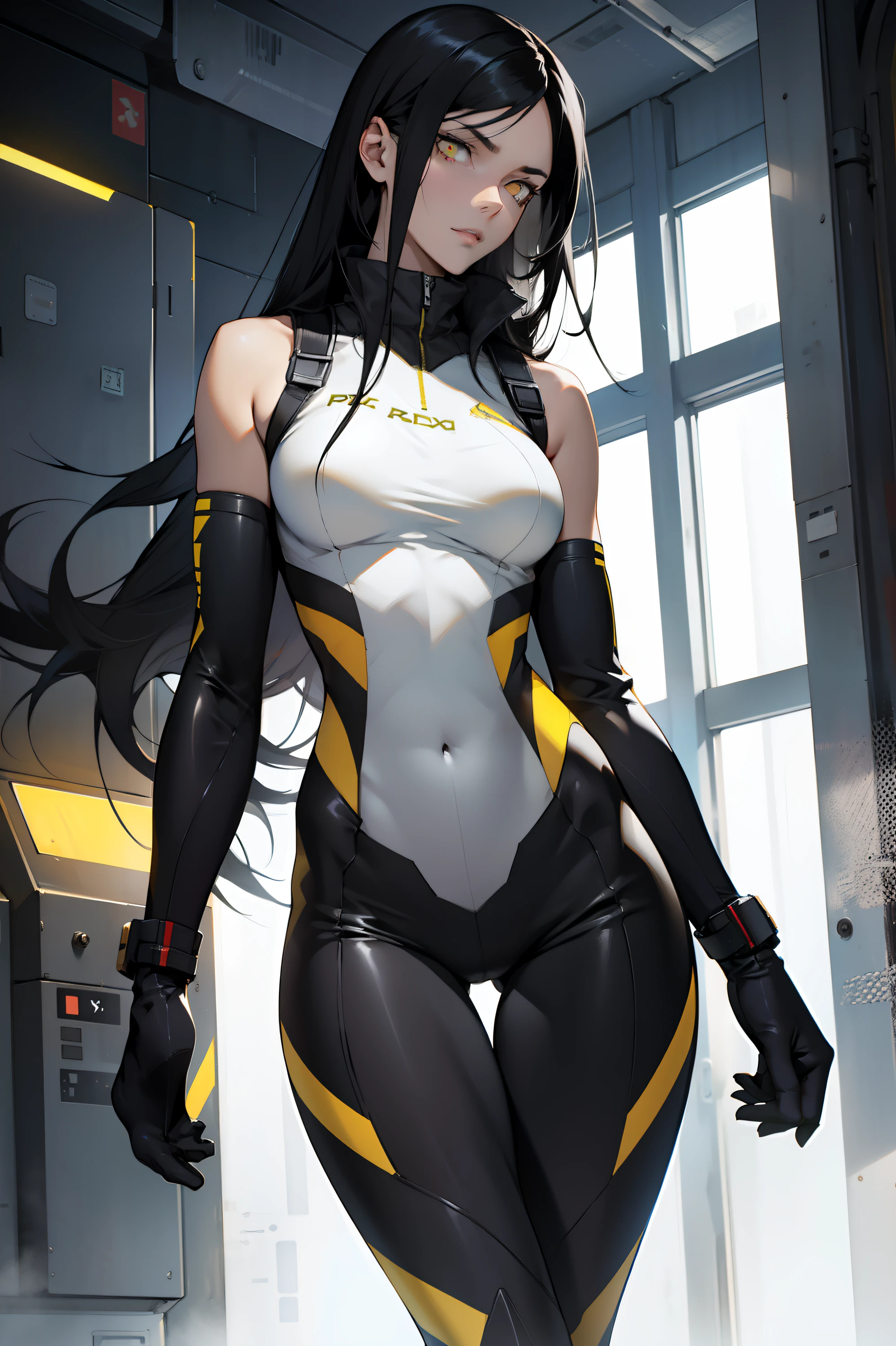 1 girl, black hair, yellow eyes, very long hair, pale skin, fit body, slender body, slim waist, large breasts, (confident expression), pilot suit, thigh gap, bare thighs, sleeveless