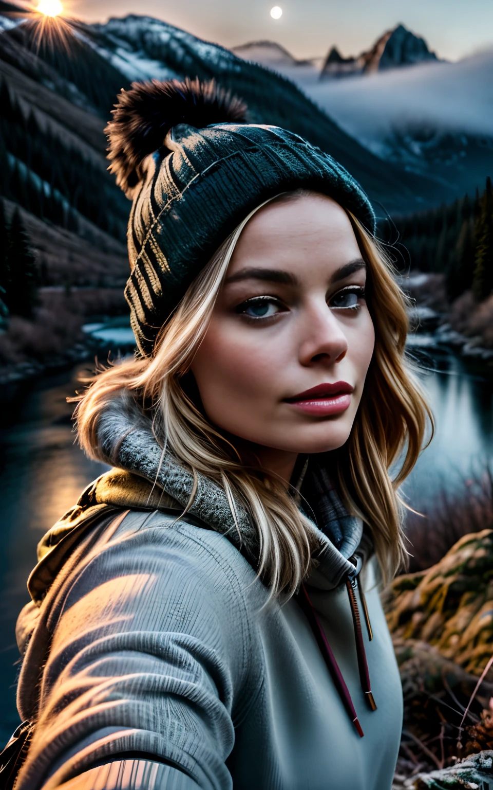 Margot Robbie, photorealistic, best quality, hyper detailed, beautiful woman, selfie photo, upper body, solo, wearing pullover, outdoors, (night), mountains, real life nature, stars, moon, (cheerful, happy), sleeping bag, gloves, sweater, beanie, flashlight, forest, rocks, river, wood, smoke, fog, clear sky, analog style, looking at viewer, skin texture, film grain, close up, ultra high res, best shadow, RAW, instagram LUT