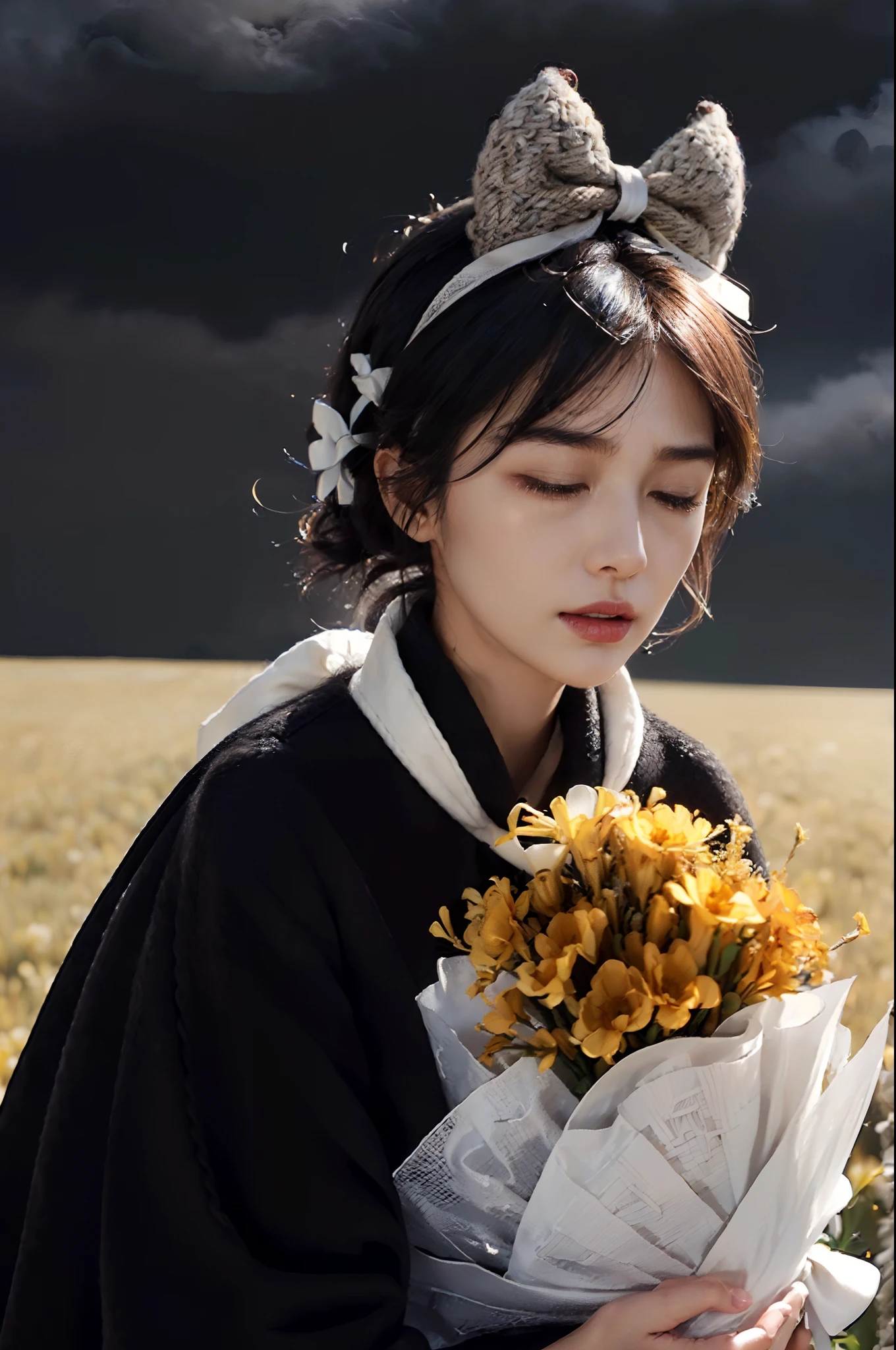 (shoulder length straight short hair: 1.2),(black hair:1.3),(Extremely meticulous CG 8k wallpaper），（Extremely refined and beautiful），（Masterpiece:2.0），（best qualtiy：2.0），（Ultra High Resolution：1.0），beautiful light up，Perfect lightning，realistic shaded，[A high resolution],(Smooth and flawless fair skin:1.5),Extremely exquisite facial details,(perfect body：1.1），ultra - detailed,A beautiful girl,small head,(Small breasts:1.1)，Flat chests，slim，thin,(Sad:1.3), (solemn:1.2),(Crying:1.2), (tears:1.3),(black woolen coat:1.5),(white collared shirt),standing,Outdoor,(in a vast square:1.5),(Holding a large bundle of yellow and white flowers in arms:1.0),(dark cloudy day:1.3),Portrait photo,(close-up of upper body:1.3),sideview,from behind,(close eyes:1.2),(Bow head down:1.5),Devout silence