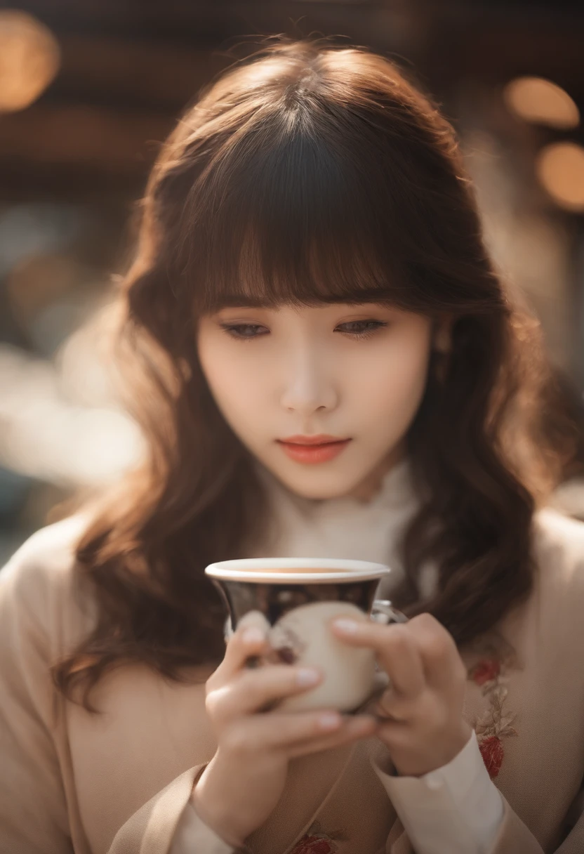 There's a young woman holding a cup of coffee in her hand, bonito-fino-cara, bonito rosto de anime natural, com bonito - fino - rosto, chan sakimi, Chiho, Yoshitomo Nara, cara fofa jovem, Rosto bonito das meninanesas, cabelos castanhos e olhos grandes,