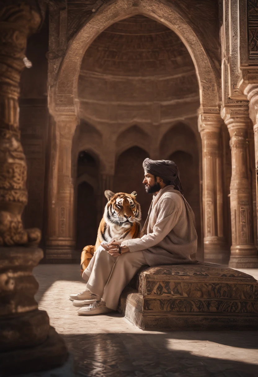 Highly Detailed Landscape Photography of A freshed well groomed realistic man, wearing Islamic modern outwear and holding a rope of his pet Tiger which in sitting on his lest, colored(white and golden) (hight:tall) (male on his 30’s)) mesmerizing male figure (extremely visible), at Al-Asqa Mashjid which is located in Palestine, Islamic calligraphy and heavenly decorated, gold plated Dome, having heart to heart conversation toward his/her Lord, expecting redemption, spiritual vibe, Raw, Realistic, Motion Picture, Cinematic, HDR, (realistic:1.3), finely detailed, quality, (masterpiece:1.2), (photorealistic:1.2), (best quality), extremely detailed skin, (intricate details), panoramic, dramatic, marble water fountain, photo-realistic portrayal, photographic masterpiece, nature lighting [: entire entrance HDR ], Middle Age Era Design in current modern timeline, establishing peace, illuminaty, secret society, Sun Ray reflected crystal clear marble floor, stoned artifacts of Islamic art, Masterpiece, Depressing but bring surrounding, Metalcore, film grain, Sony A7, 35mm, ((photorealistic):1.1), (raw, 8k:1.2), dark, muted colors, slate atmosphere, RAW candid cinema, 16mm, 33mm, color graded portra 400 film, remarkable color, ultra-realistic, textured skin, extraordinary detailed pupils, realistic dull skin noise, visible skin detail, skin fuzz, dry skin, shot with the cinematic camera, detailed skin texture, (blush:0.5), subsurface scattering, RAW, Top best quality, masterpiece, 128 fps, realistic depth, extreme detailing, ARRI ALEXA 35 Production Set (15mm Studio), 128-bit color depth, film arain. Fujifilm XT3, 80mm, 60 fps, candid shot, Hasselblad X1D, dutch angle shot, glitter flows in air, Landscape Photography, UHDR, Highres, walking with a furious but Huge Royal Bengal Tiger on Garden area of Al Asqa Mosque Complex