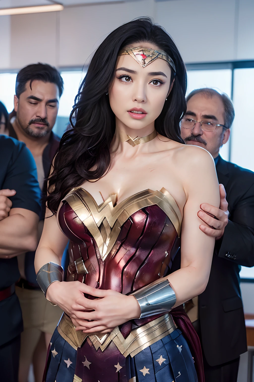 (One woman in a wonder woman costume in office:1.1)、(Middle aged man in suit:1.1)、(sexual harassment:1.2)、(Full body shot)、(Super beautiful)、(ultra beautiful faces)、(A detailed face:1.5)、(troubled look:1.3)、(Offices of large companies in Japan:1.1)、(Man hugs her chest:1.5)、(Man hugs her waist:1.5)