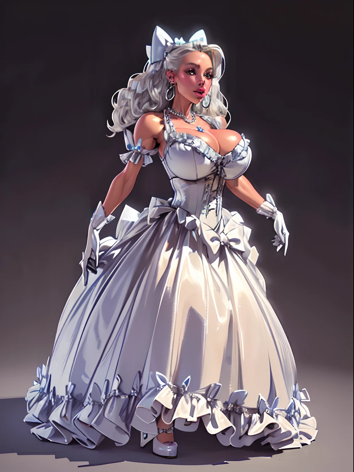 ((Cyberpunk background:1.1) John Tenniel art, frustrated Ariana Grande, (pale skin:1.4) silver hair, curls, wearing a stately and elaborate trixie ballgown of silver satin and silver adorned with large satin, silver futuristic ballroom gown, cybernetic mech enhancements , (((huge silver ribbon bows))), silver rosebuds, silver embroidery and jewels, (gigantic breasts:1.3) with (((enormous sulver puffed sleeves))), an hourglass waist, and a (((flat crinoline silver hoopskirt))), (((bustle))), long silver gloves, adorned with intricate metallic details, pearl and diamond necklace and earrings, large elaborately curled and styled hair