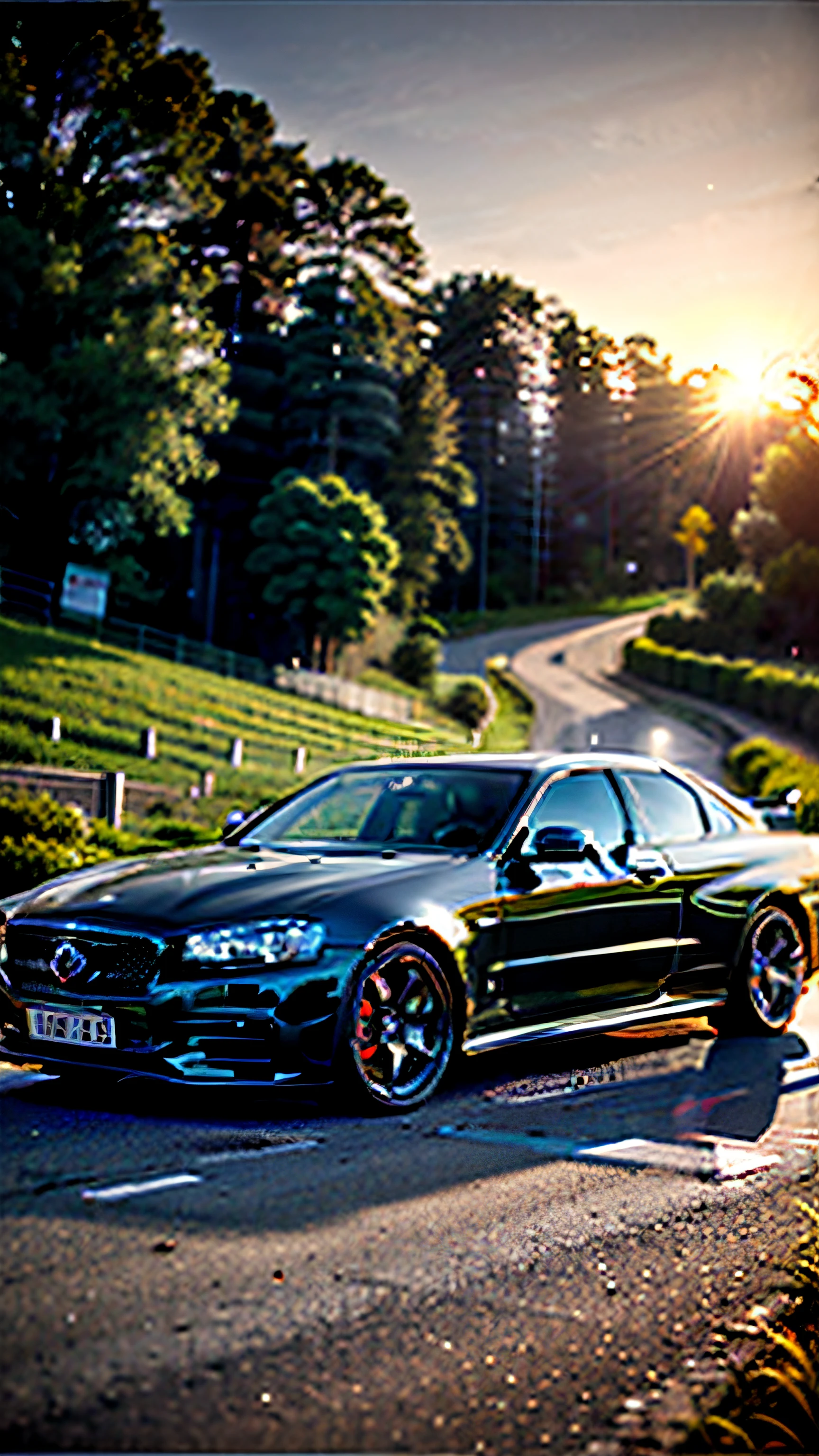 Close-up of a car driving on a road near a forest, Mercedes-Benz logo, mercedez benz, 2019, 2 0 1 9, author：Thomas Bock, conceito, cinematic front shot, easy, exclusive, author：Alexander Brooke, luxury goods, high-quality picture, Front perspective, rendering, 2 0 2 3, 2023, front profile,with beautiful colors,