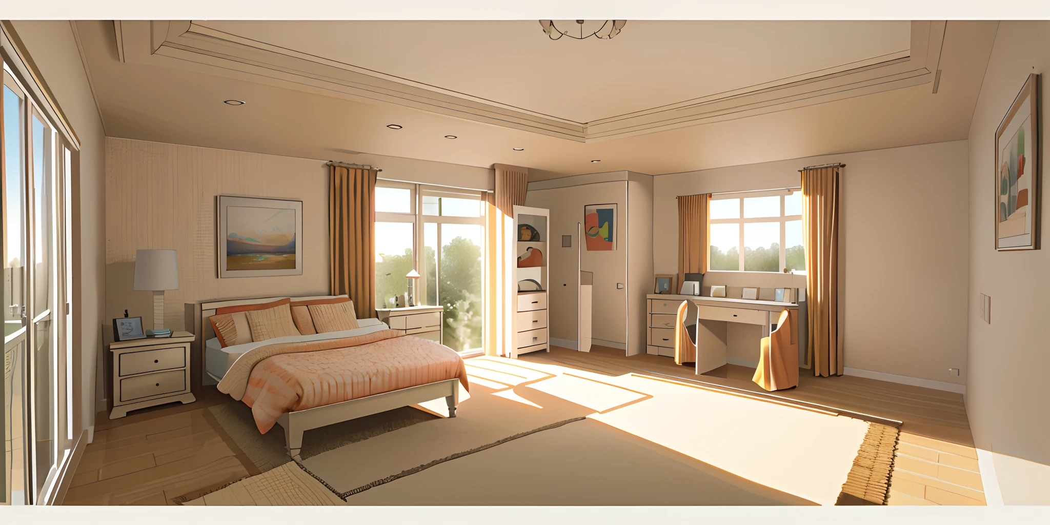 a bedroom with a bed, dresser, and a window, bedroom background, inside of a bedroom, single point perspective, 2 point perspective, sunrise coloring the room, architectural rendering,