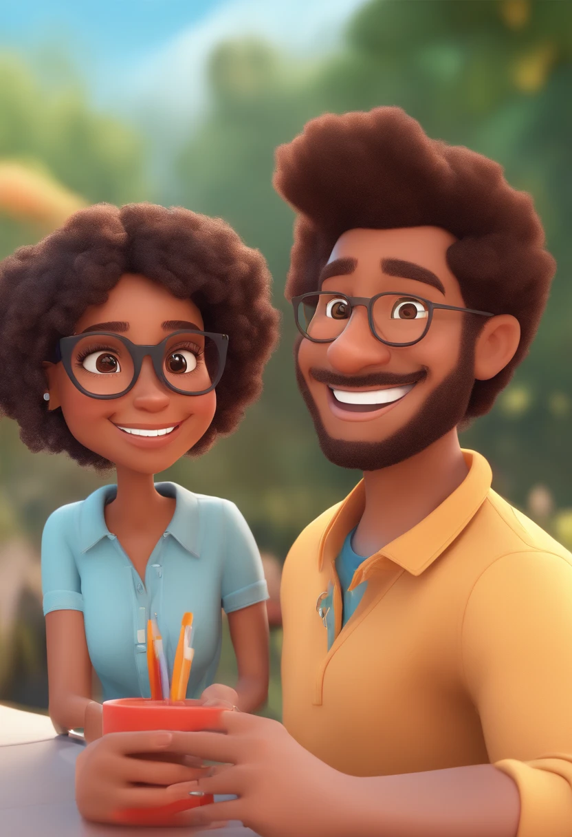 An illustration of an adorable couple, Highlight for a chubby mulatto man with glasses smiling and a brunette woman with beautiful expressive eyes - the man's skin is mulatto and the man's hair haswhile the woman's skin is black and the woman's hair is straight and brown. They are a bright room, cada um com um sorriso no rosto, e compartilhar um momento especial caracterizado pelo amor, Insights. Illustrate this scene from a perspective where they are facing the camera, Smiling and Showing Your Connection. Desenvolva esta arte em Full HD, Focus on your cinematic touch, Estilo Disney Pixar Animations